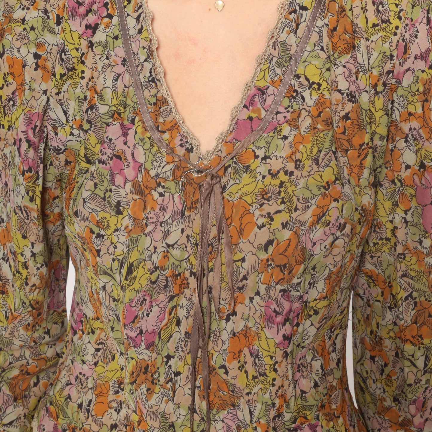 70s Floral Puff Sleeve Dress Knee Length Multicolor Print Medium M