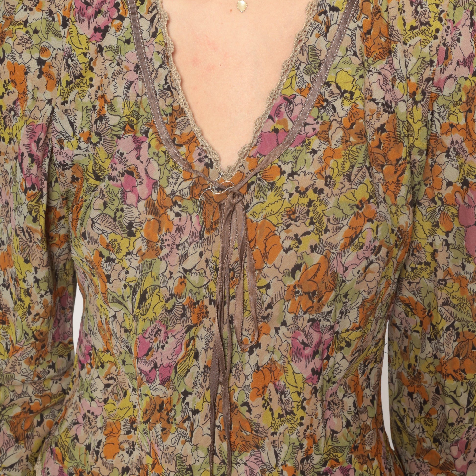70s Floral Puff Sleeve Dress Knee Length Multicolor Print Medium M