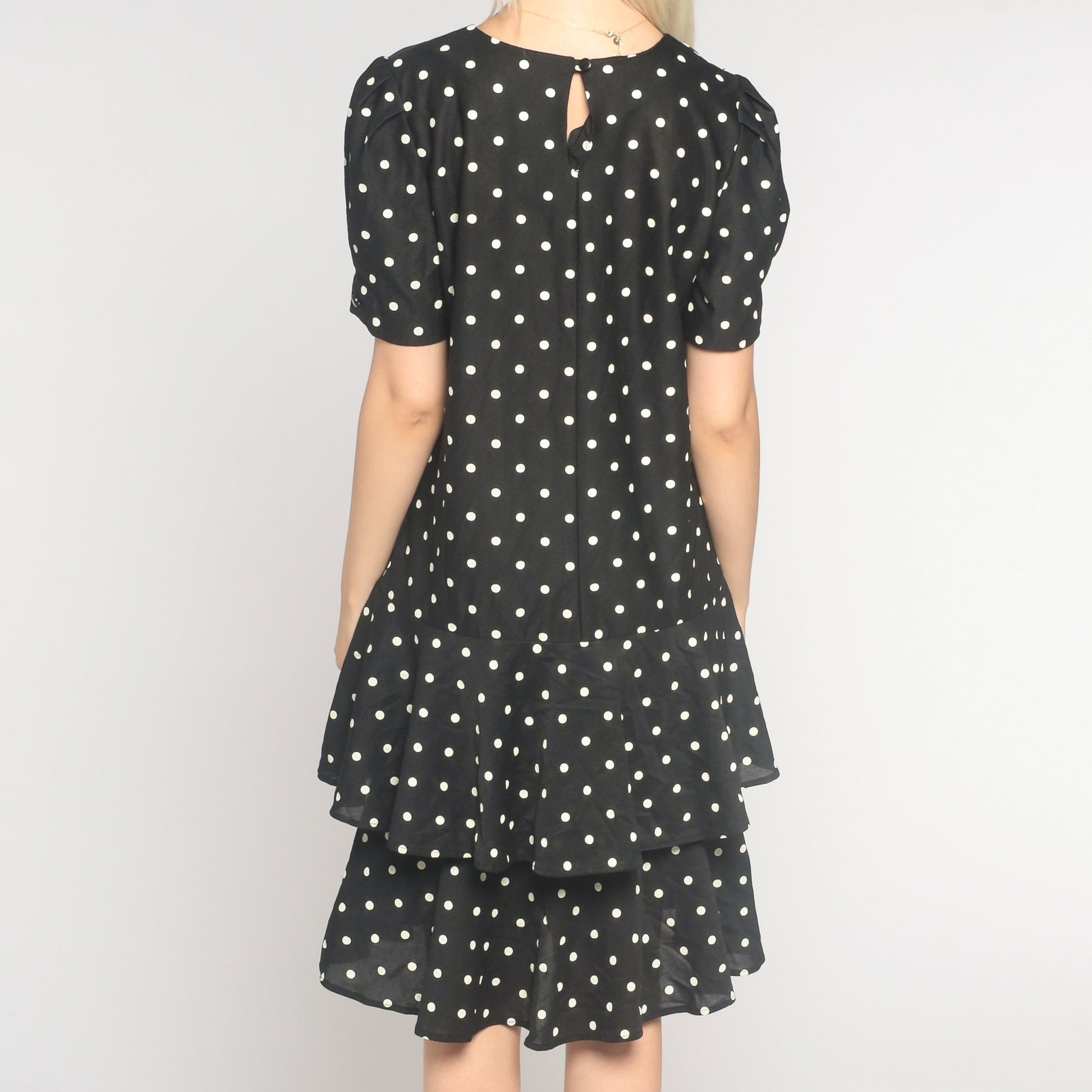 80s Black Polka Dot Tiered Dress Puff Sleeve Knee Length Large