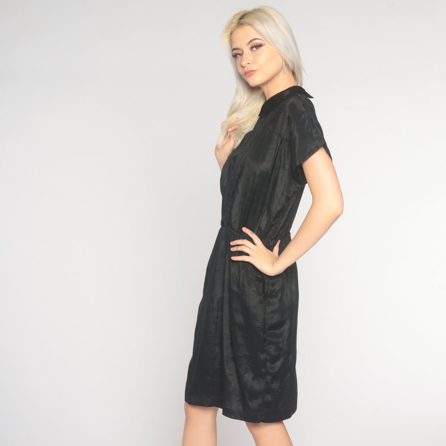 90s Black Shiny Shift Dress Collared Mini Pockets Short Sleeve Medium 8