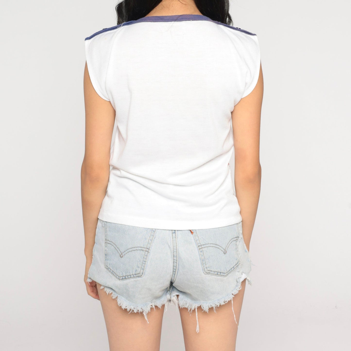 80s Nautical Flag Cap Sleeve T-Shirt Blue Trim Graphic Tee Small