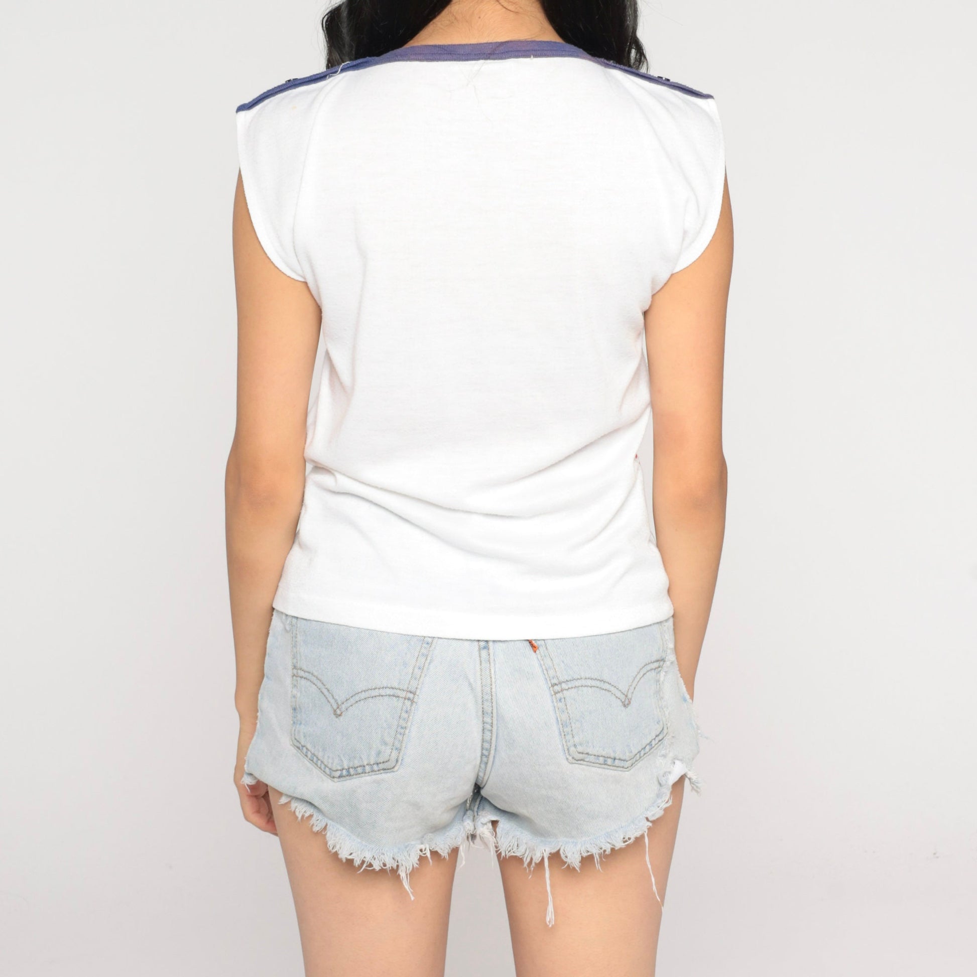 80s Nautical Flag Cap Sleeve T-Shirt Blue Trim Graphic Tee Small