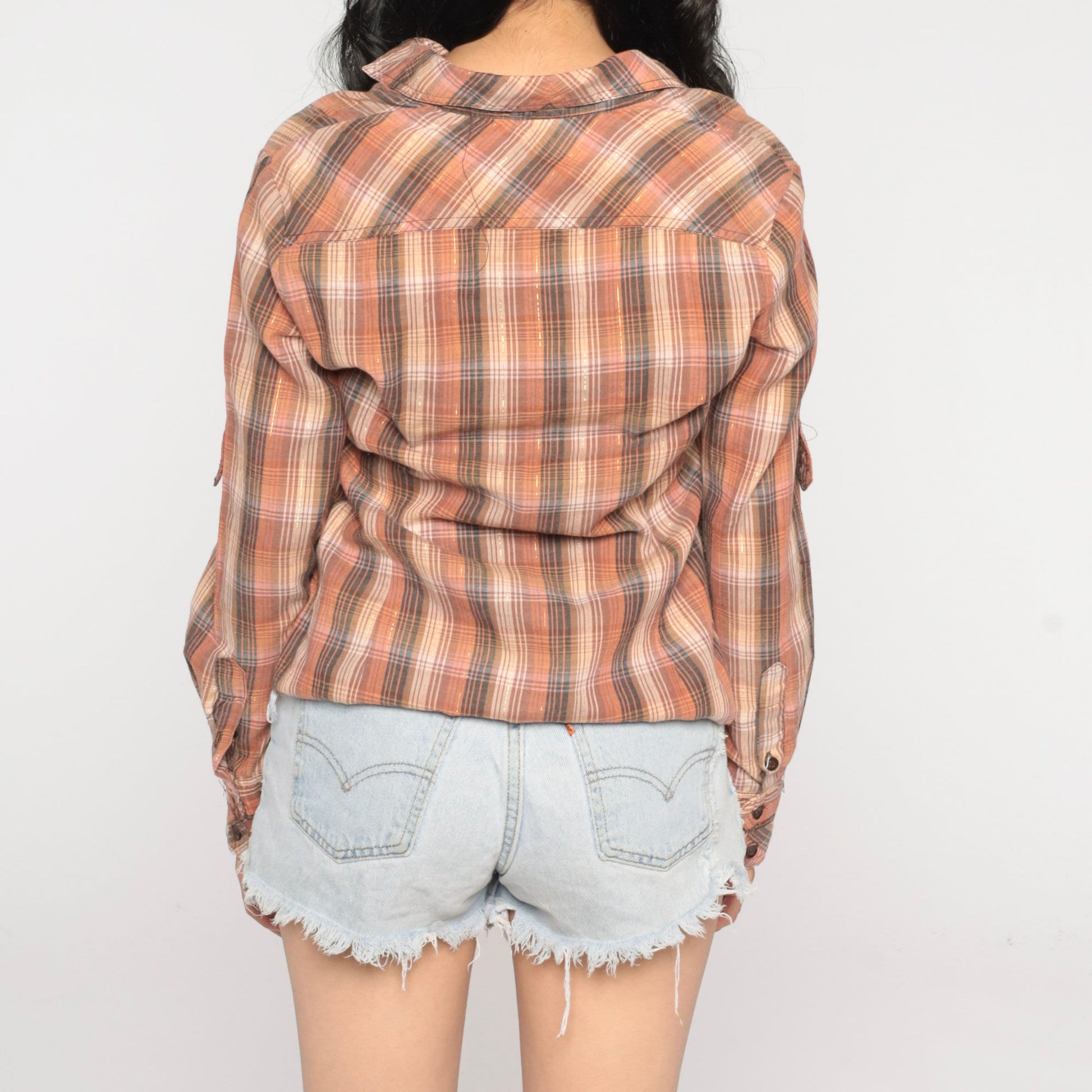 70s Brown Plaid Metallic Button-Up Shirt Long Sleeve Small