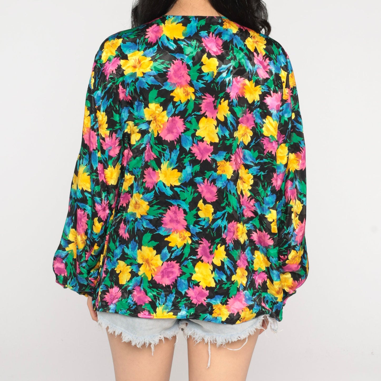 90s Black Floral Blouse Hidden Button Long Sleeve Shirt Large L