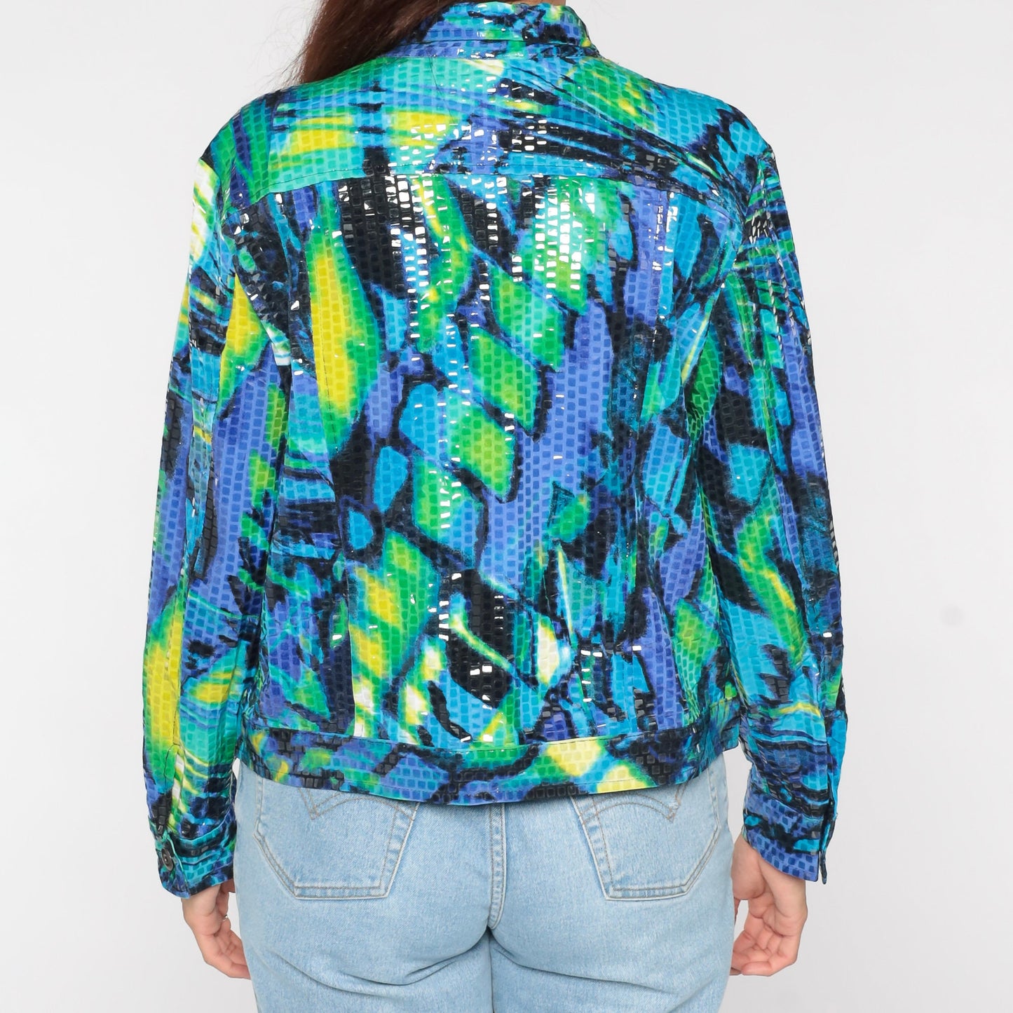90s Faux Snakeskin Reversible Bomber Jacket Green Blue Geometric Petite Large
