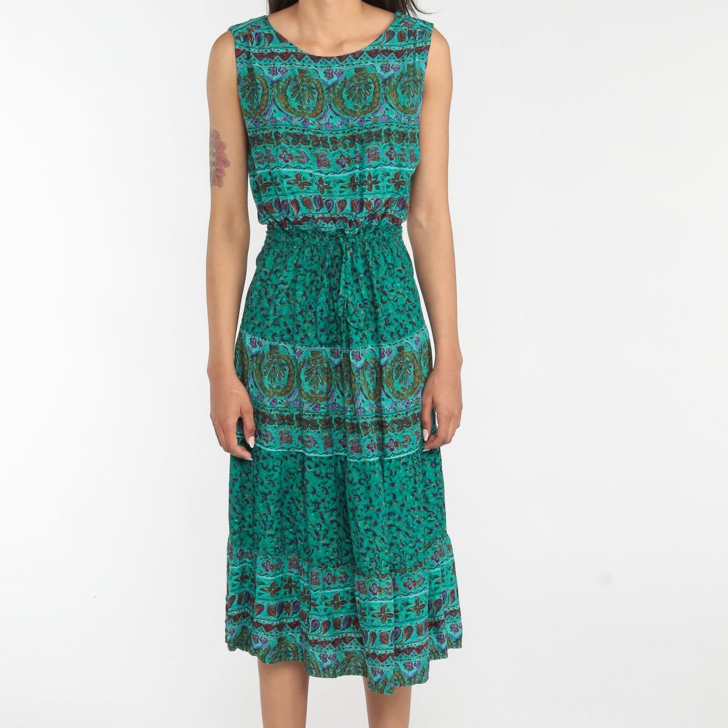 00s Indian Floral Midi Dress Green Sleeveless High Waist Cutout Back Small