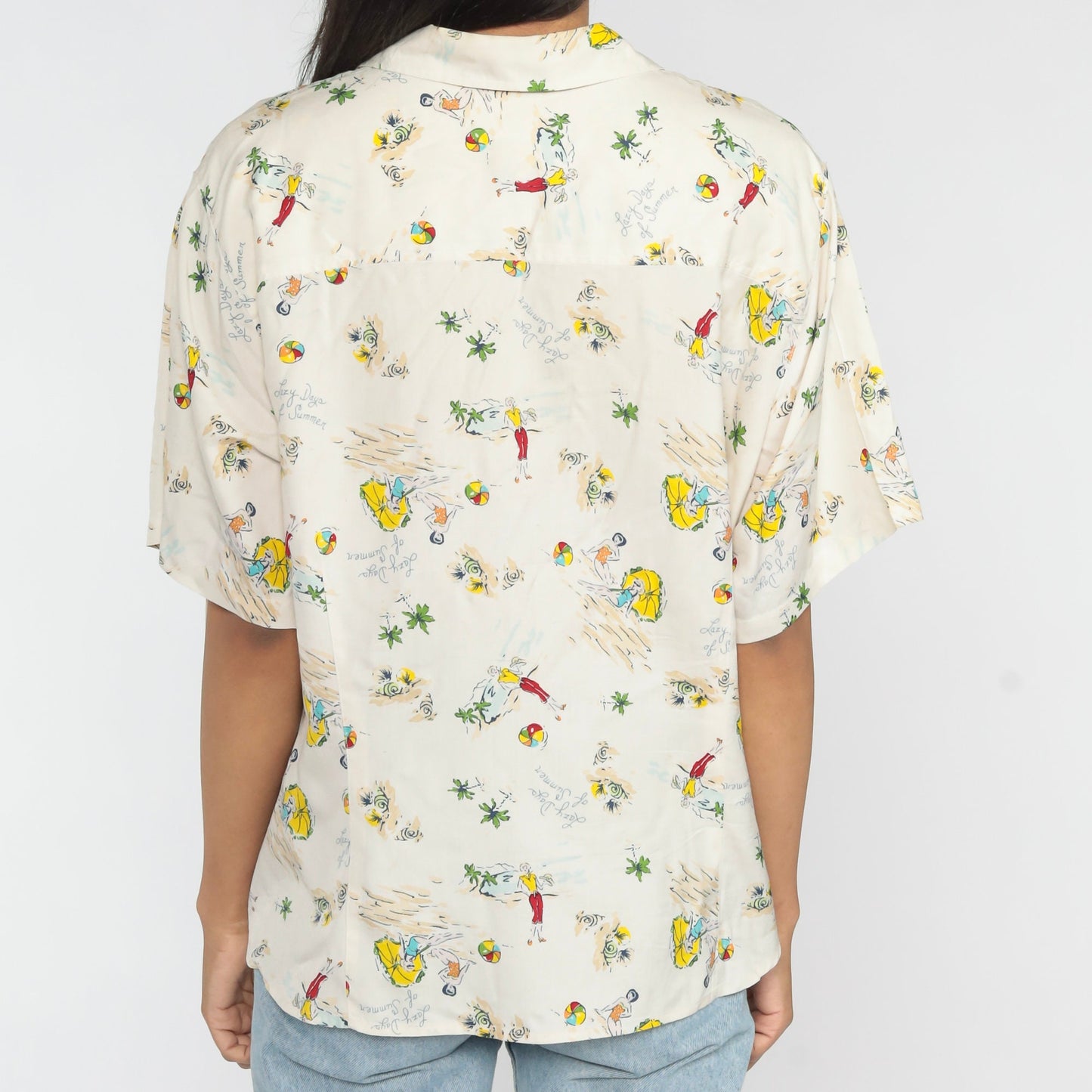 00s Liz Claiborne Silk Button-Up Blouse Beach Print Short Sleeve XXL