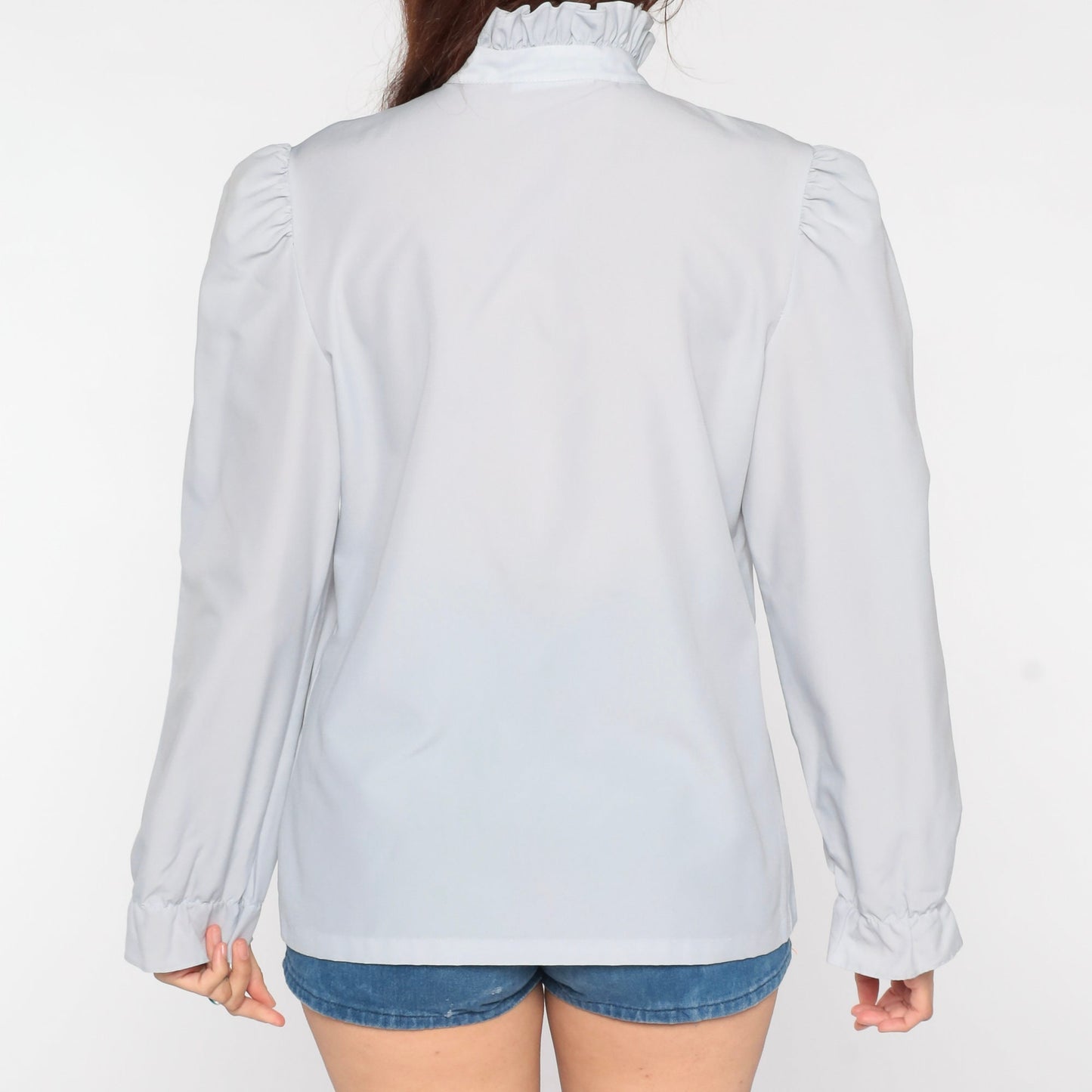 80s Grey Sheer Tuxedo Ruffle Blouse Puff Sleeve Button Up Medium