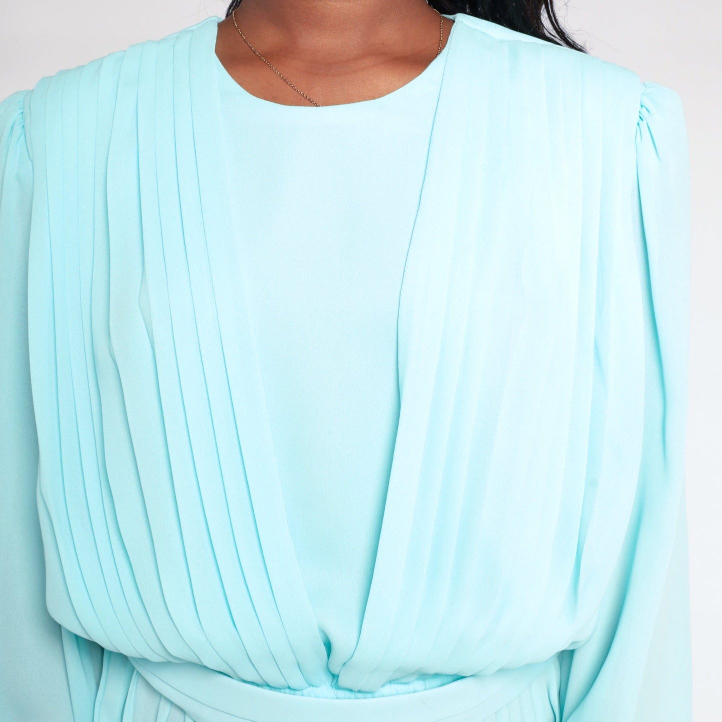 80s Blue Pleated Midi Dress Long Sleeve Keyhole Back Semi Sheer Medium Large