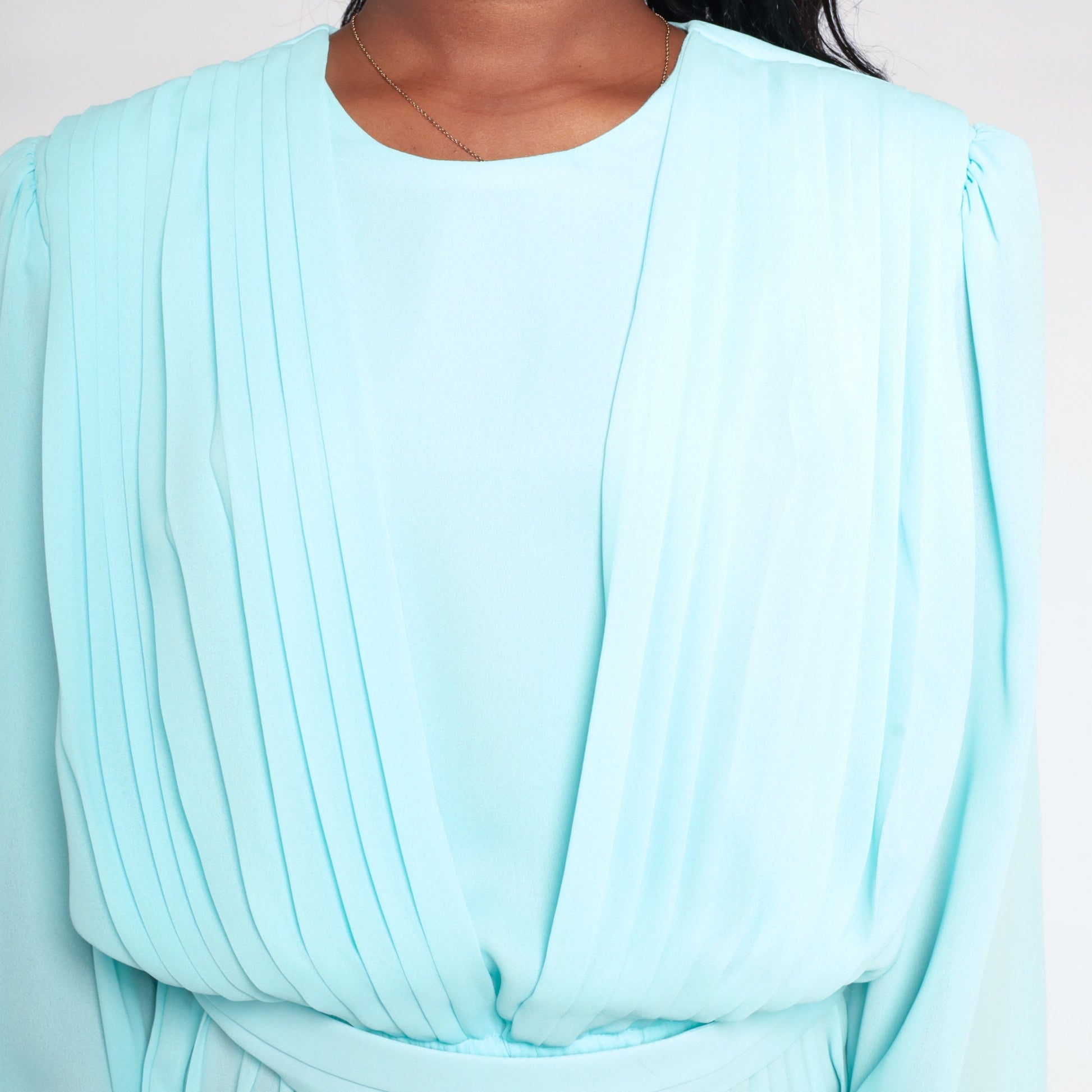 80s Blue Pleated Midi Dress Long Sleeve Keyhole Back Semi Sheer Medium Large