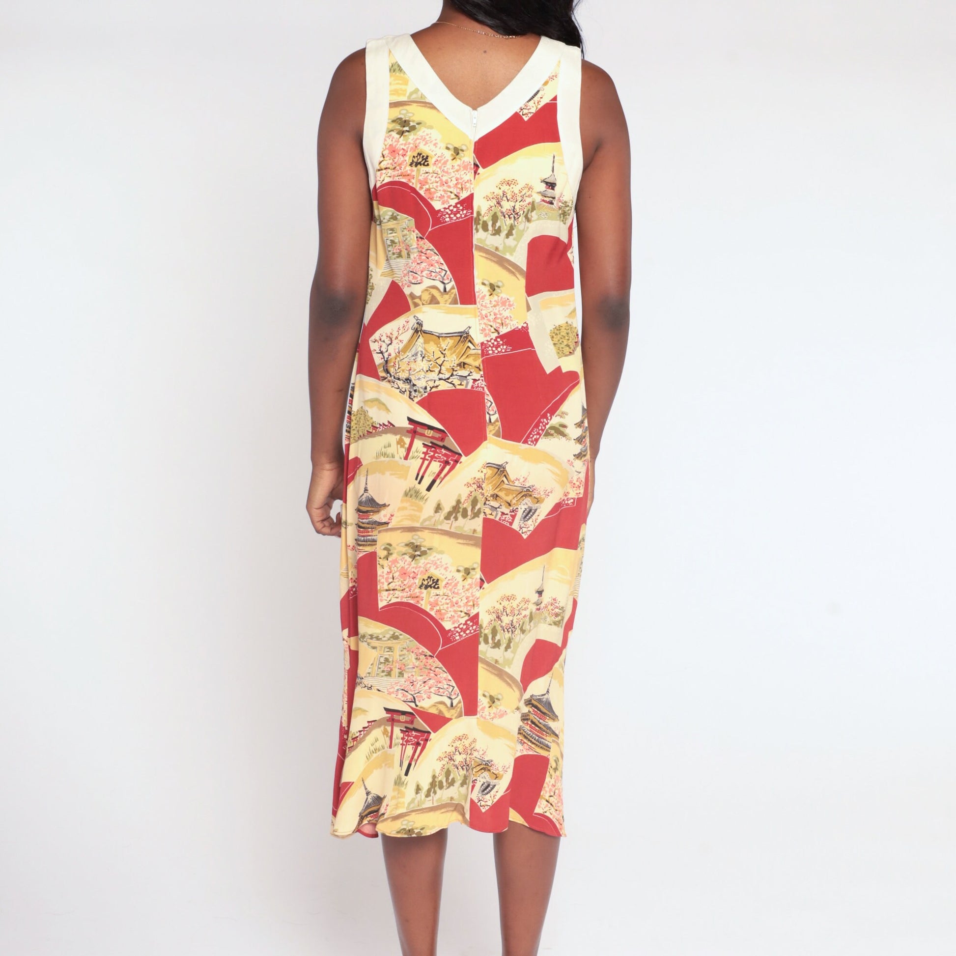 90s Red Midi Dress Asian Pagoda Print Sleeveless V-Neck Small S