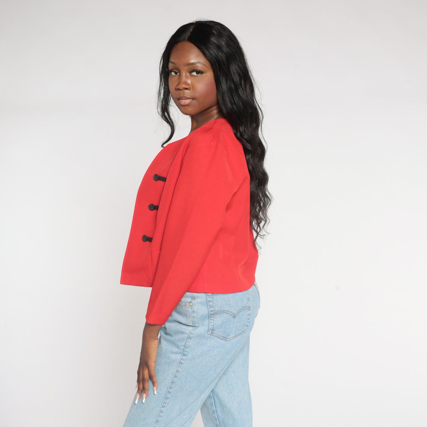 80s Red Cropped Blazer Black Button Open Front Jacket Small