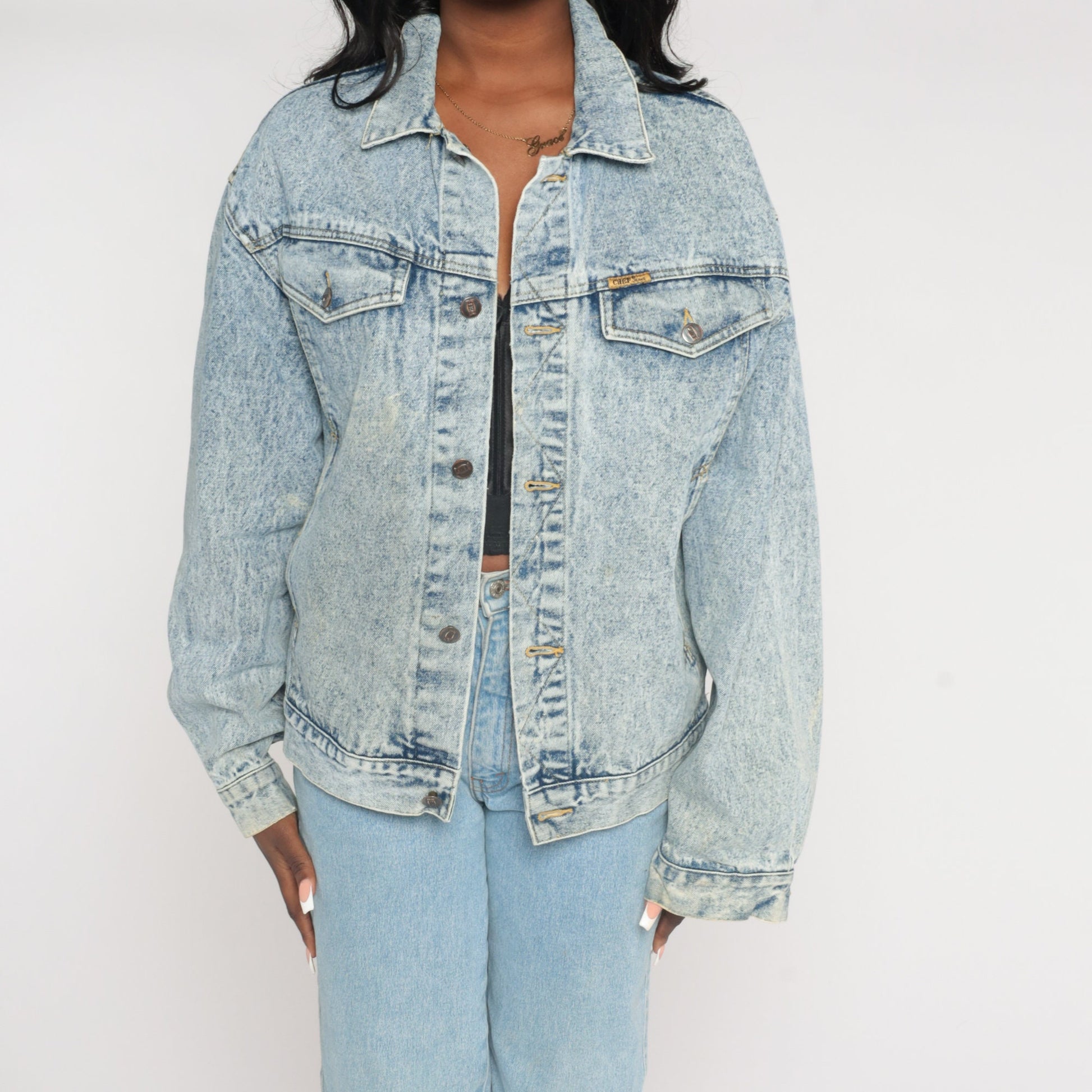 90s Acid Wash Denim Jacket Blue Button-Up Medium M
