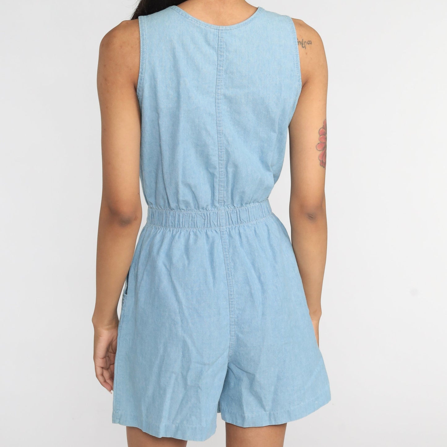 90s Light Blue Chambray Denim Romper Playsuit Button Up Cotton Small