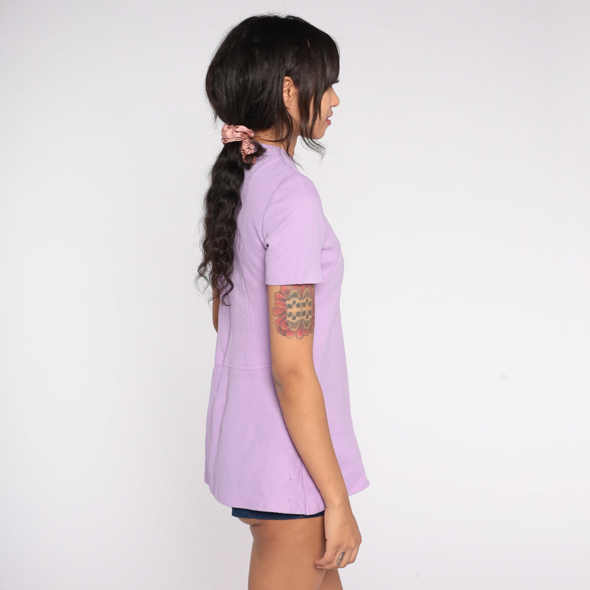 70s Lavender Mod Shirt Short Sleeve Empire Waist Blouse Small S