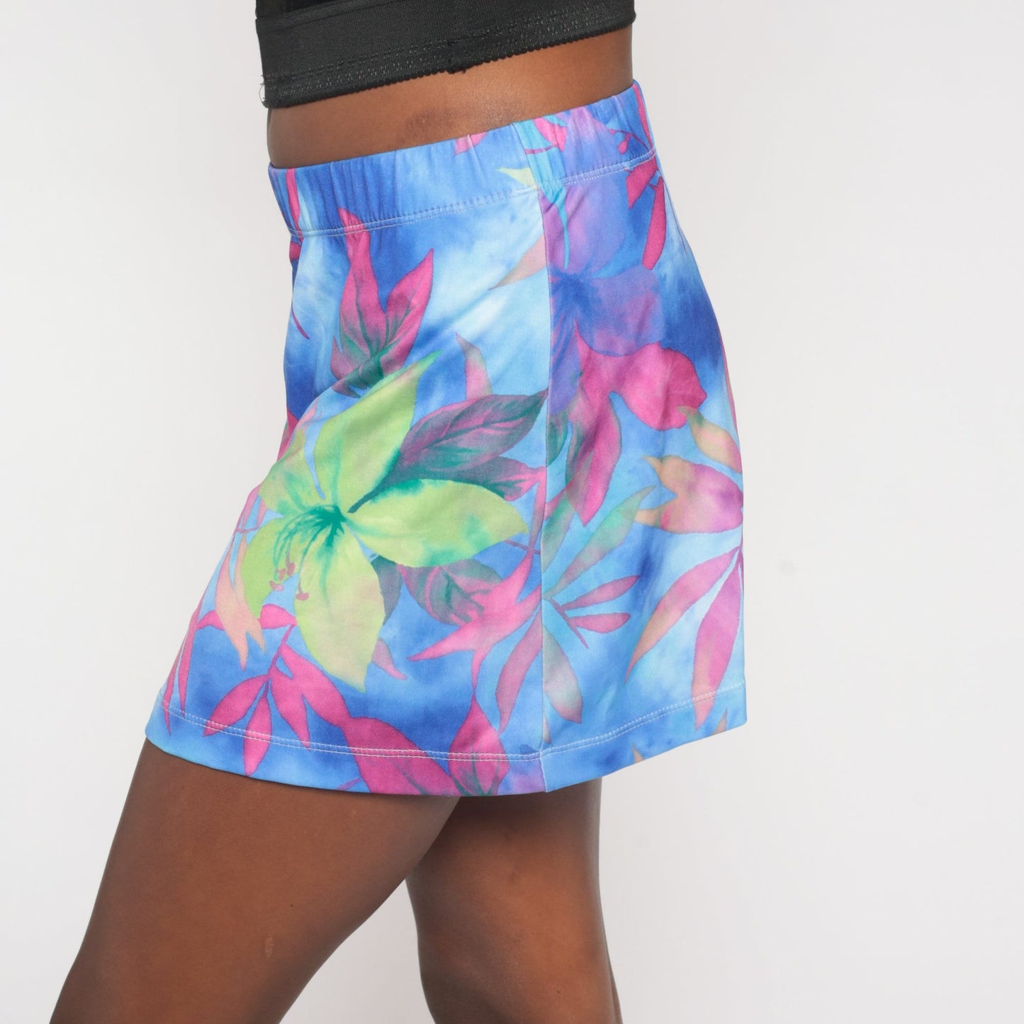90s Purple Tropical Floral Mini Skirt Spandex Stretch Small S