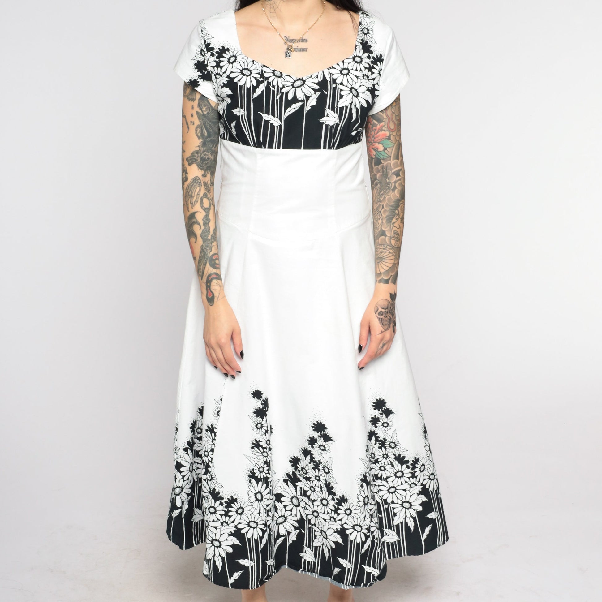 90s Jodi Of California Floral Midi Dress Black White Daisy Empire Waist Small