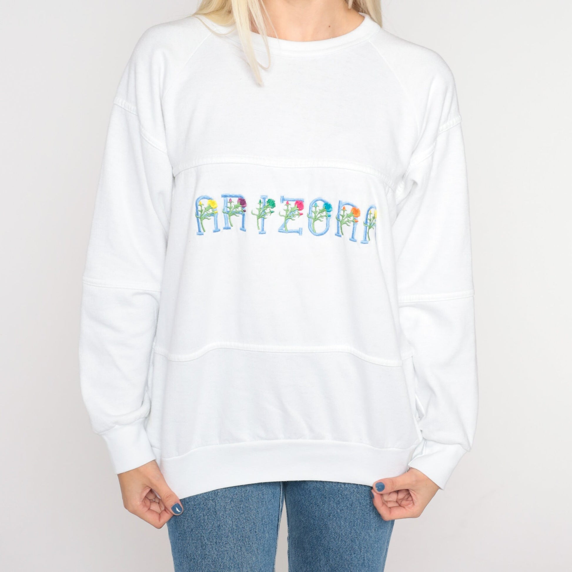 90s Arizona Floral Embroidered Sweatshirt White Raglan Crewneck Large L