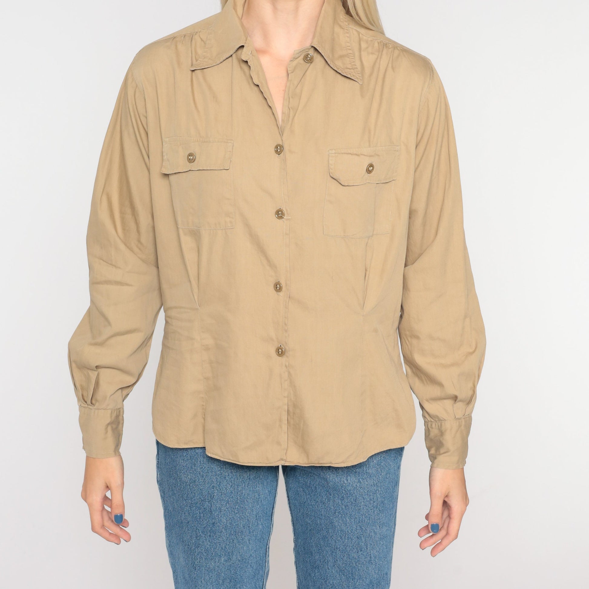 90s Tan Button-Up Shirt Long Sleeve Collared Blouse Small