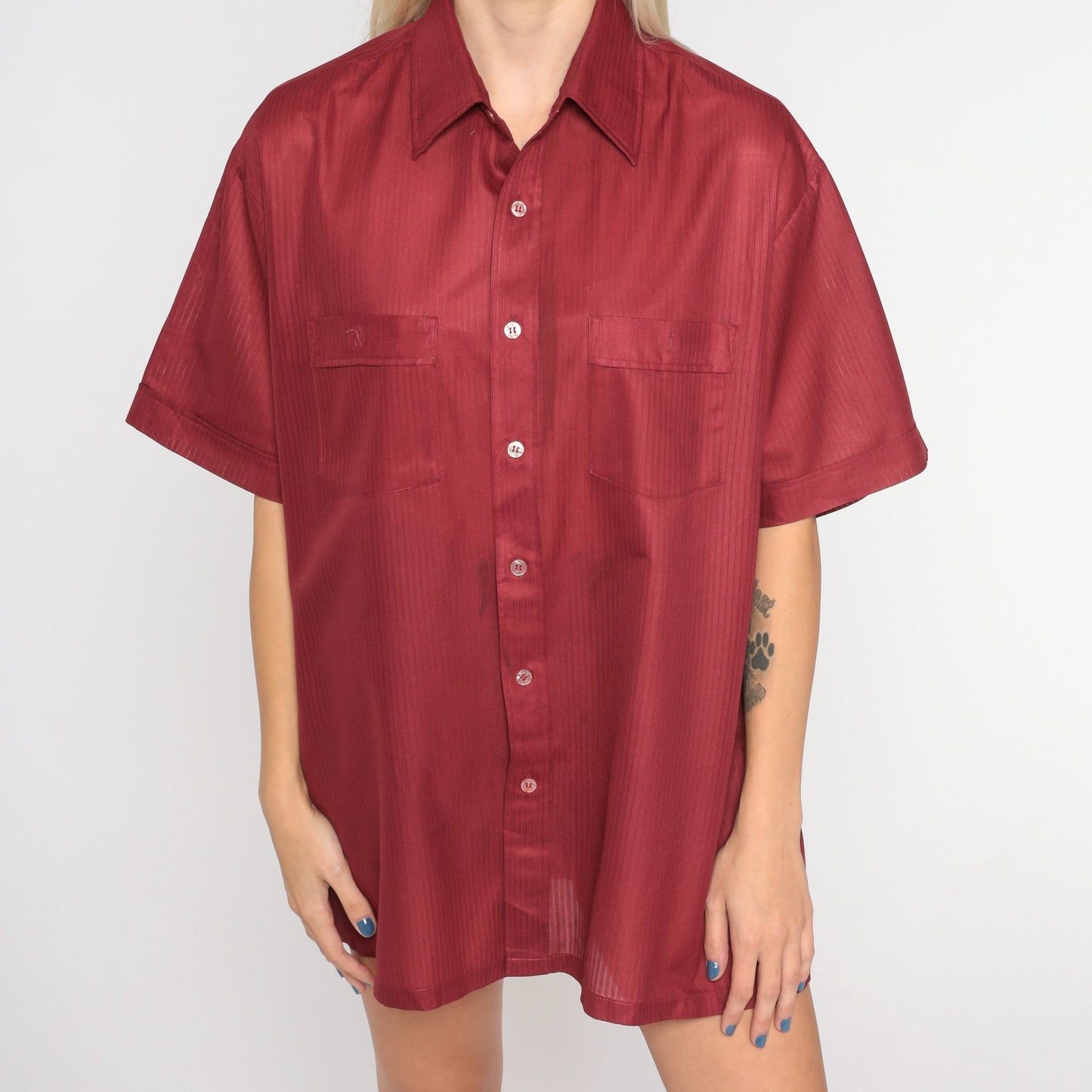 70s Red Button-Up Shirt Short Sleeve Collared Disco Top Large L