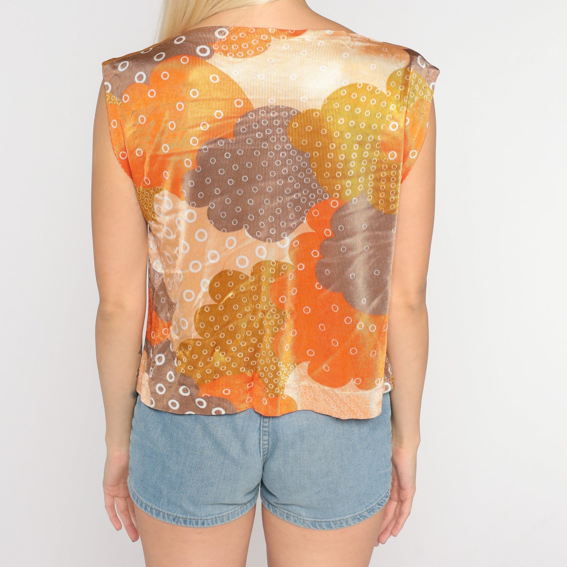 70s Cloud Print Cap Sleeve Top Orange Abstract Boat Neck Small