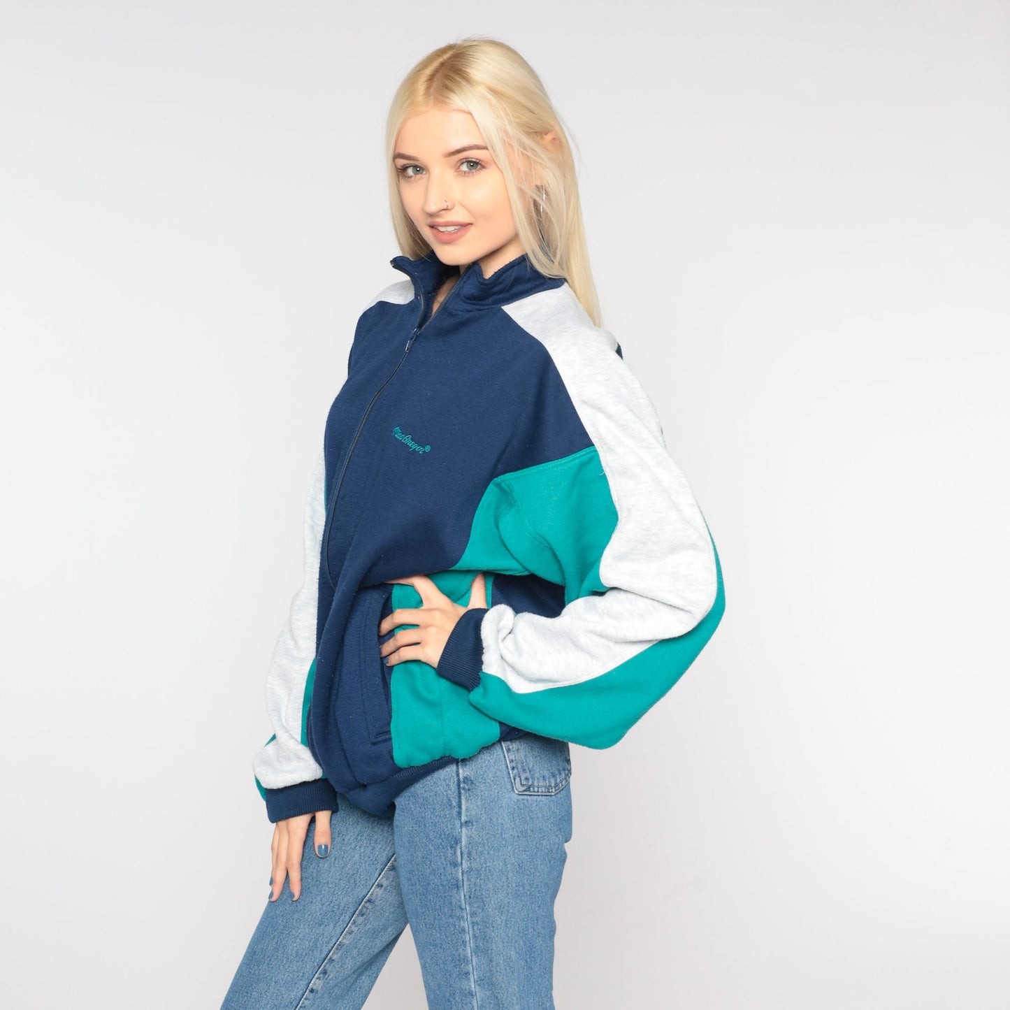 80s MacGregor Track Jacket Zip Up Sweatshirt Blue Green Colourblock Large L