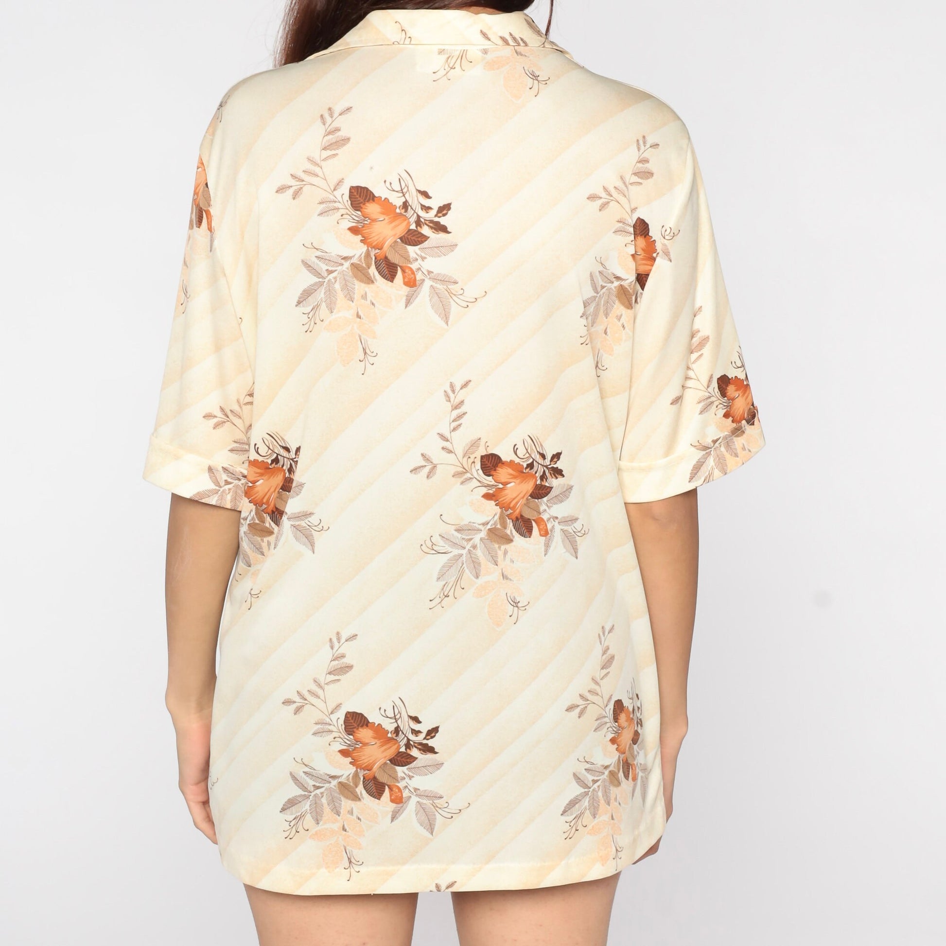 70s Gilda California Floral Leaf Print Button Up Blouse Cream Short Sleeve Extra Large