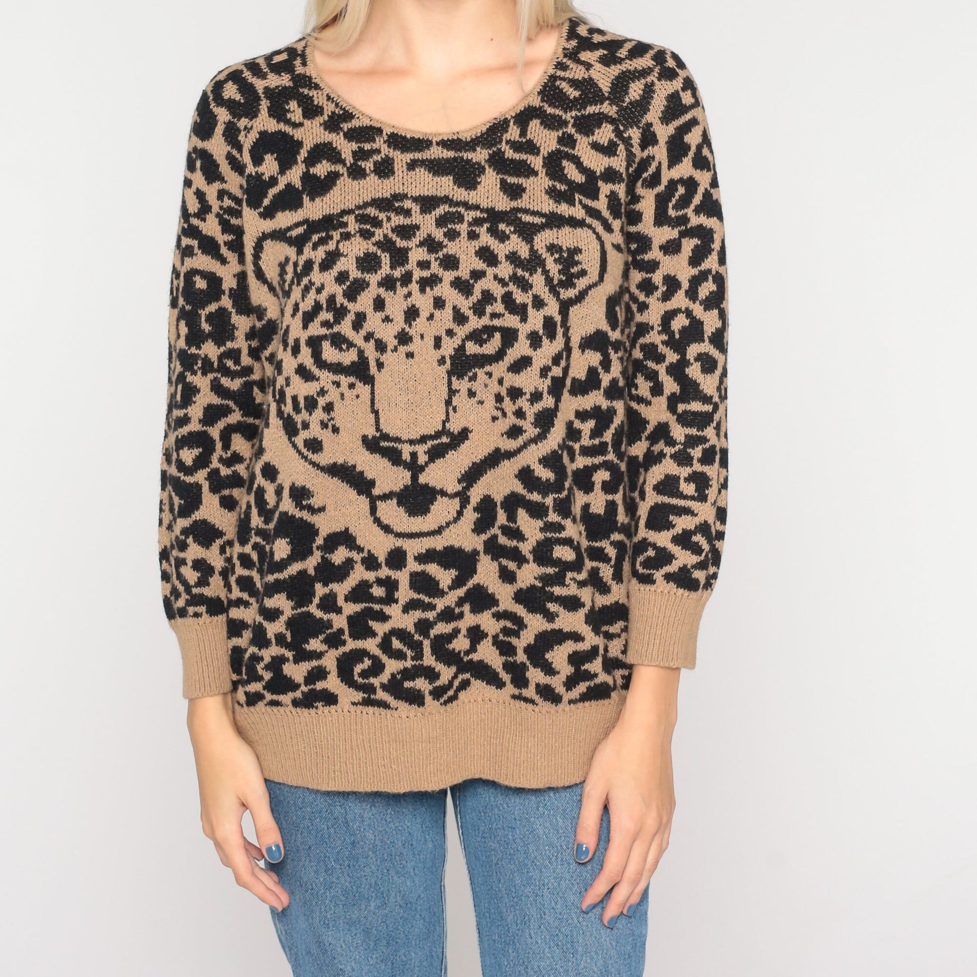 90s Leopard Print Sweater Animal Face Knit Pullover Medium M