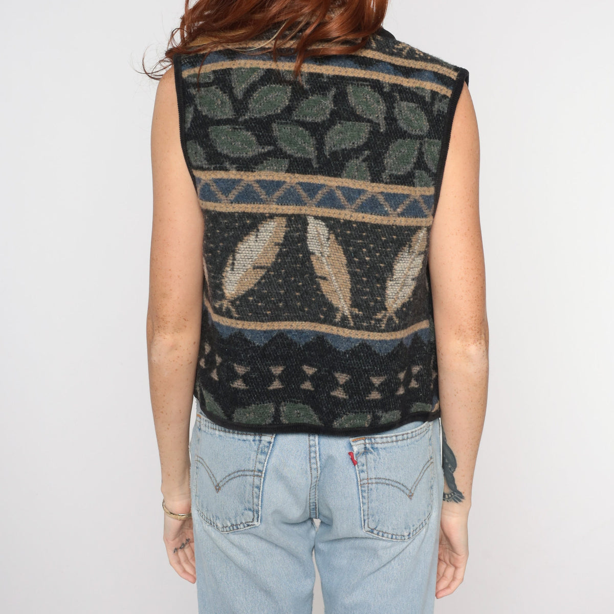 90s Tapestry Vest Leaf Feather Print Open Front Sleeveless Small