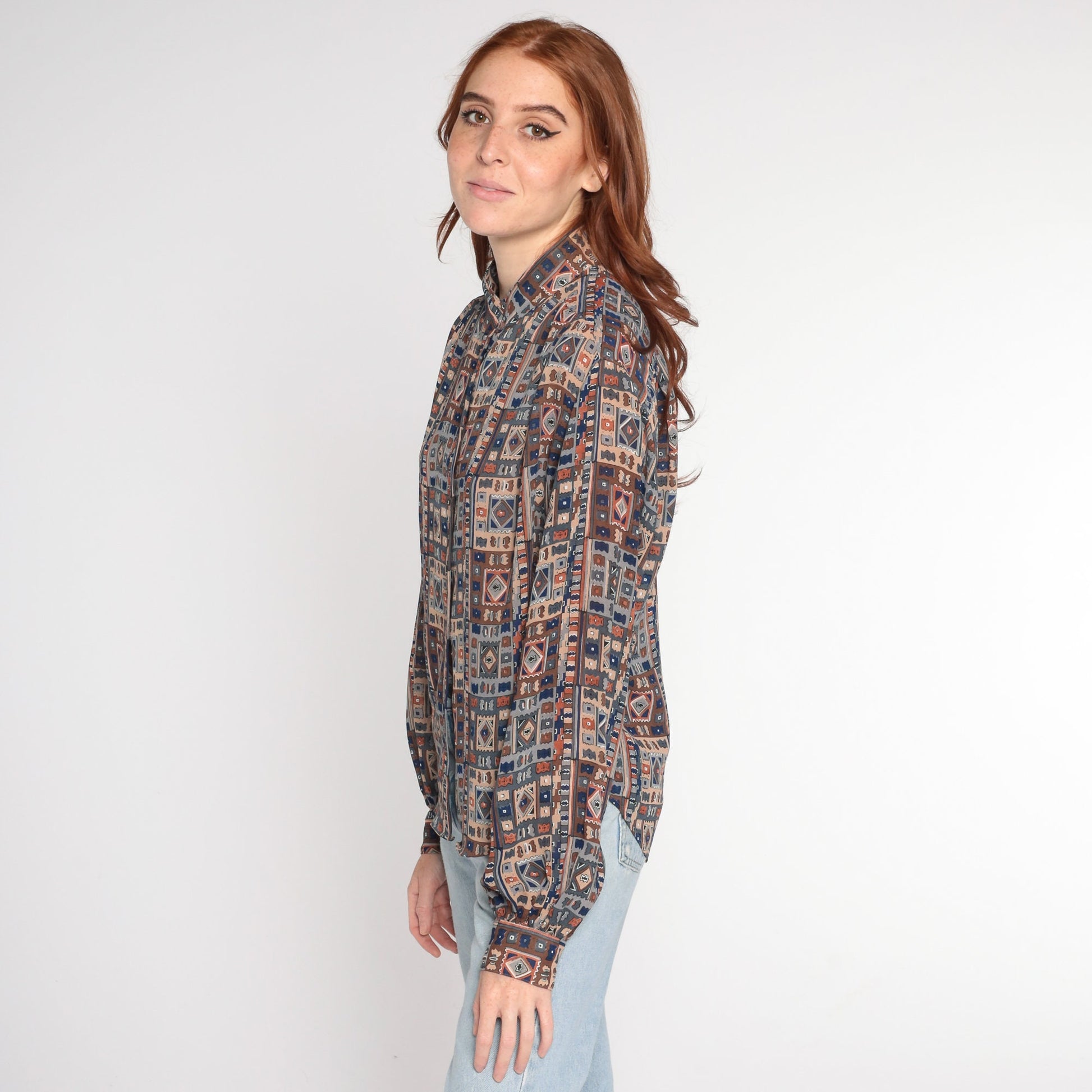 80s Geometric Print Button Up Blouse Mandarin Collar Balloon Sleeve Medium