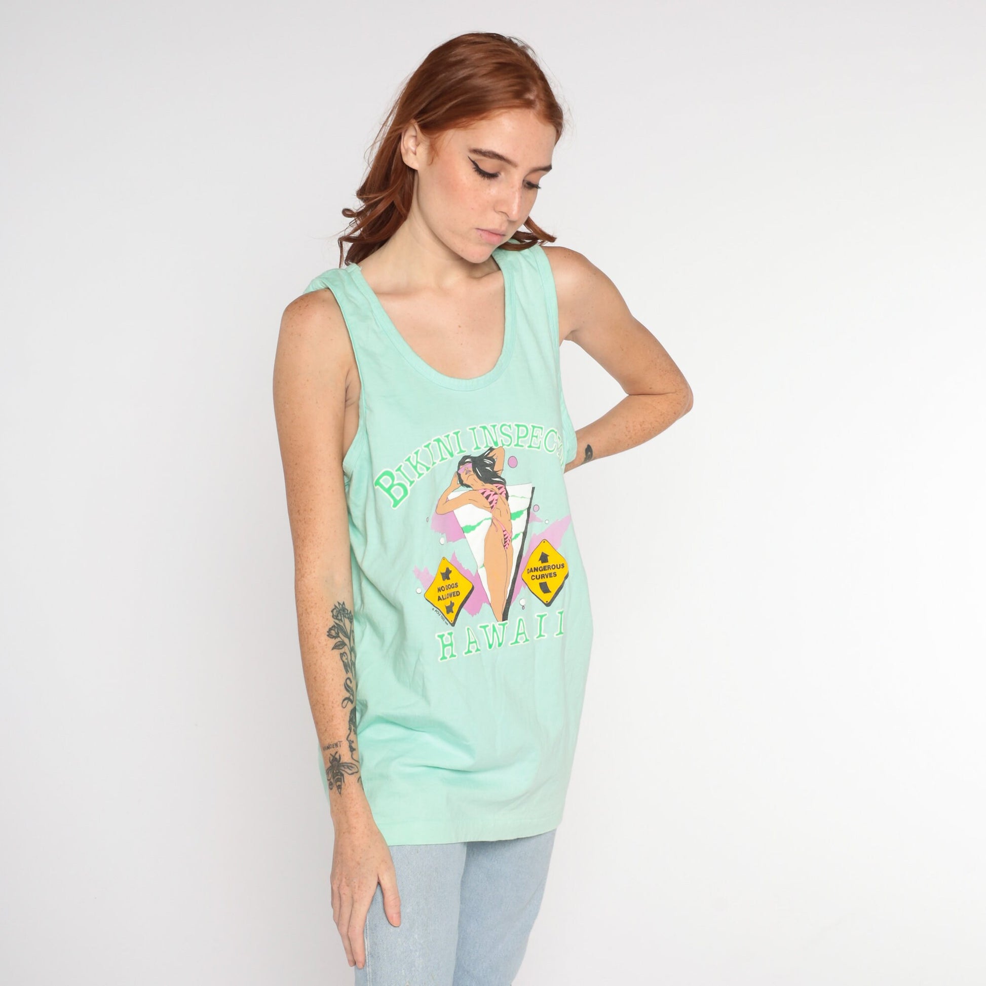 80s Bikini Inspector Tank Top Hawaii Graphic Mint Green Large