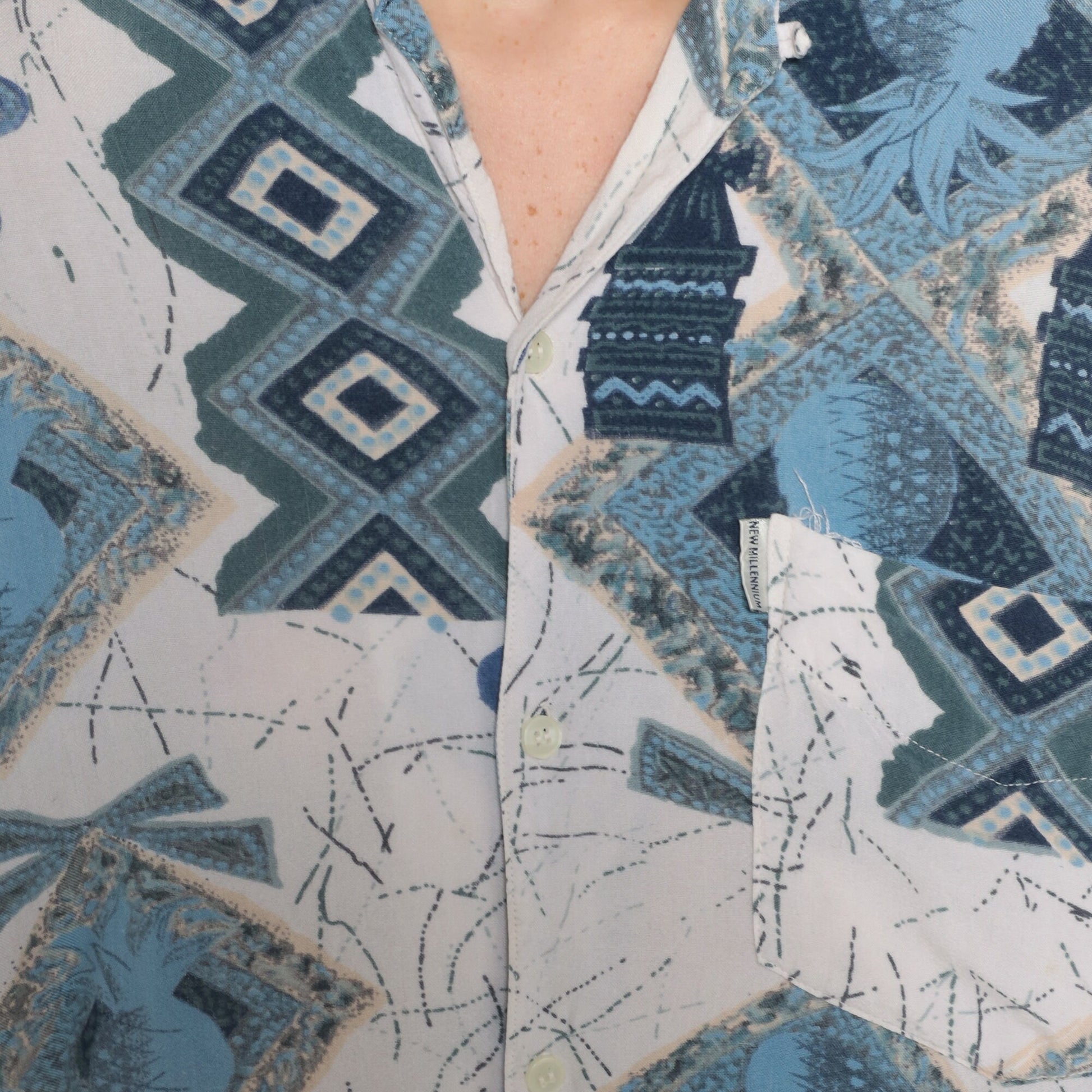 Y2K Tropical Pineapple Print Button Up Shirt White Blue Abstract Mens Large