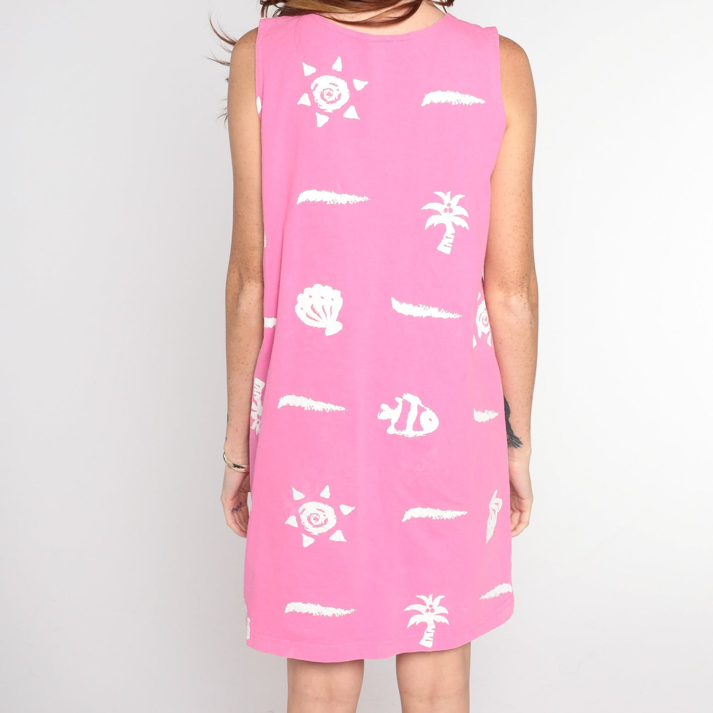 90s Pink Tropical Mini Dress Fish Shell Sun Print Sleeveless Small
