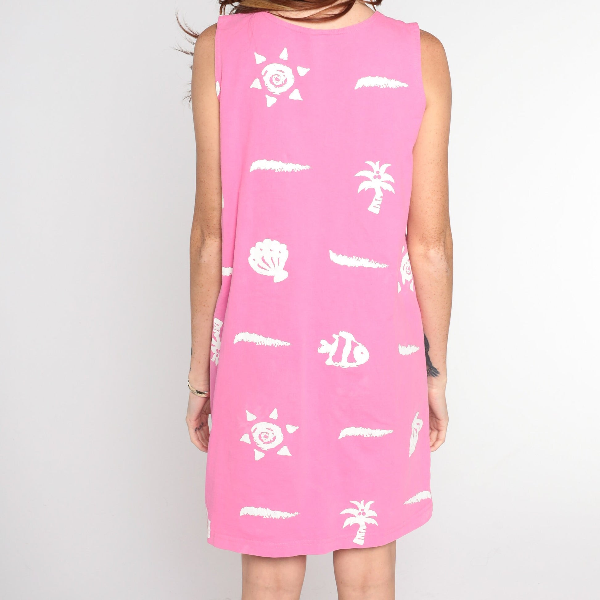 90s Pink Tropical Mini Dress Fish Shell Sun Print Sleeveless Small