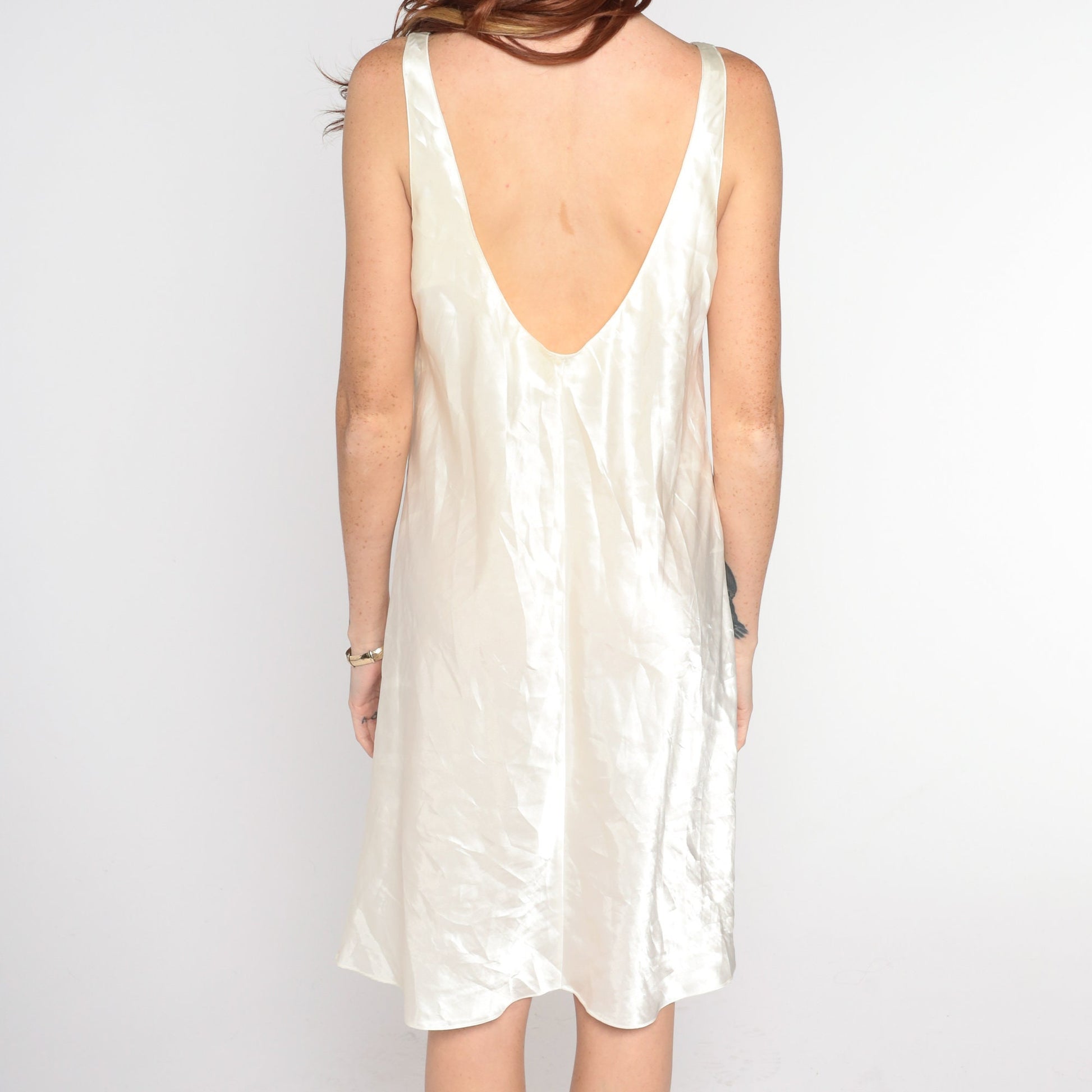 90s Ivory Slip Dress Embroidered Hearts Low Back Sleeveless Mini Nightgown Medium