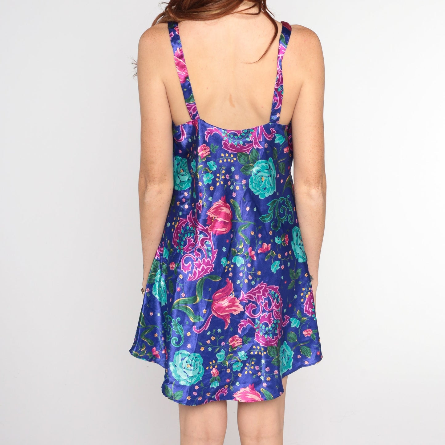 00s Floral Blue Mini Slip Dress Sleeveless V-Neck Nightgown Small Medium