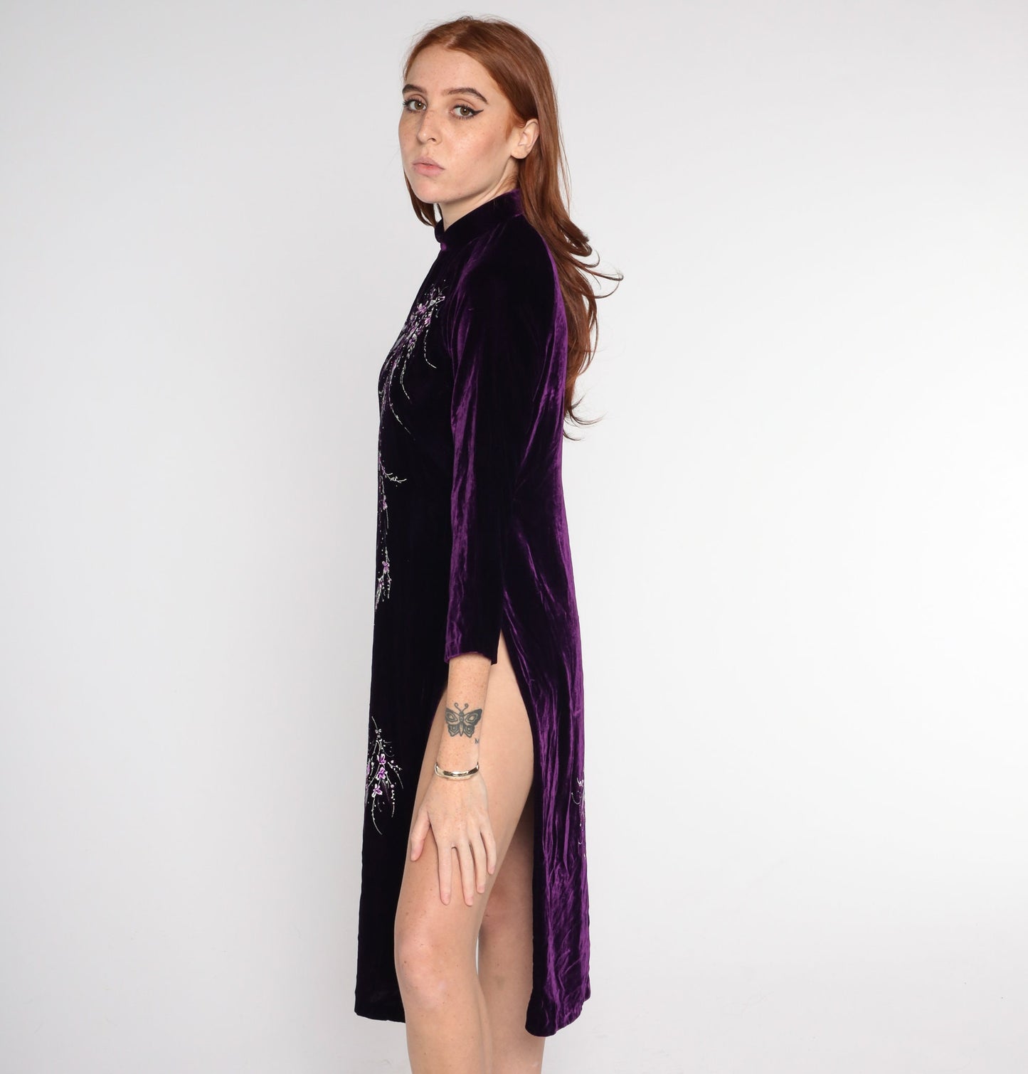 90s Dark Purple Velvet Ao Dai Midi Dress Cherry Blossom Print High Slit Extra Small