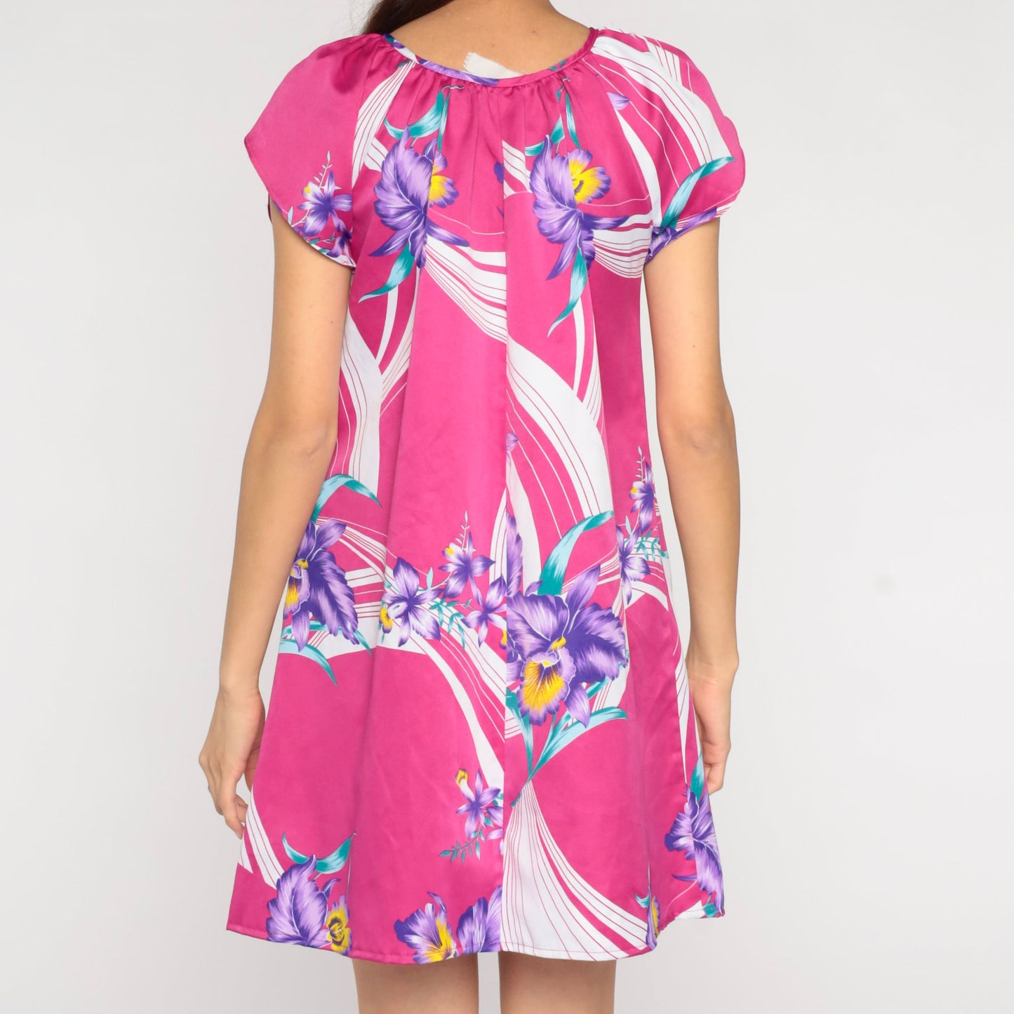80s Pink Tropical Floral Mini Dress Tulip Sleeve Shift Medium M