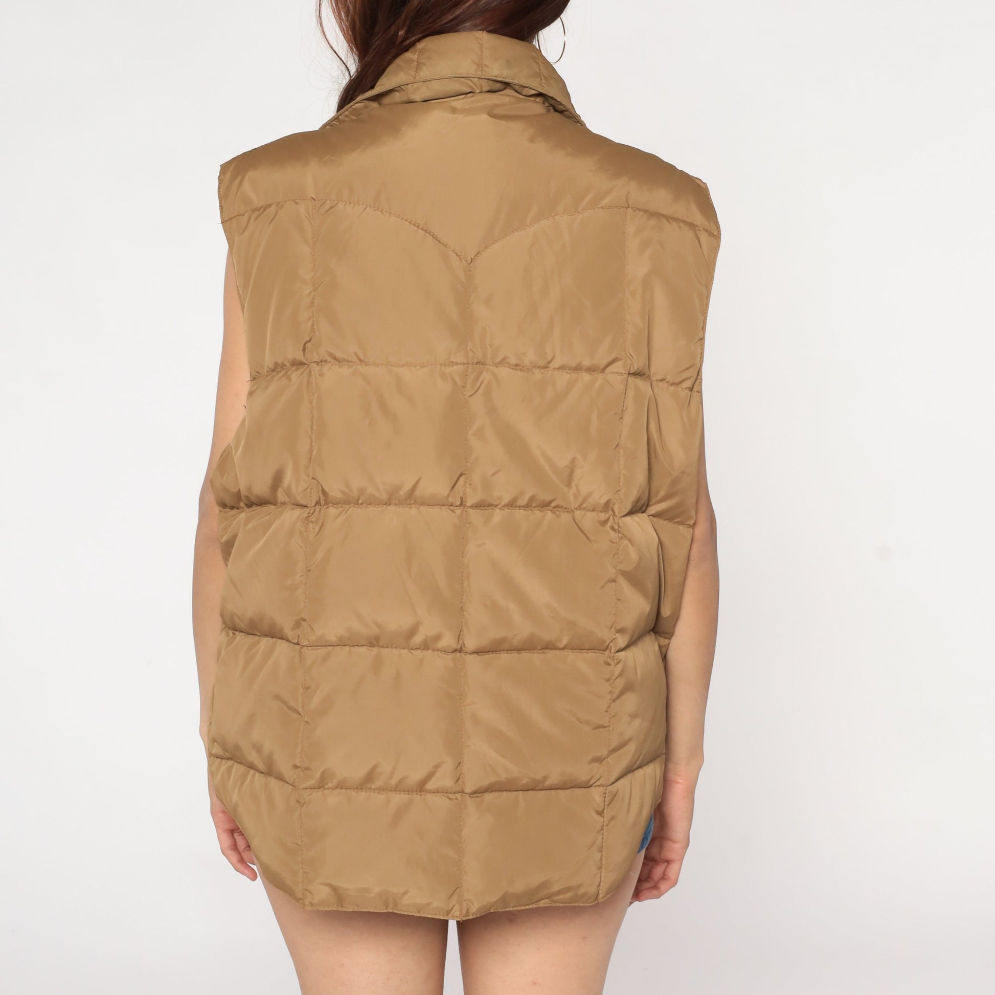 80s Tan Puffer Vest Down Fill Nylon Snap Front Sleeveless Jacket Extra Large