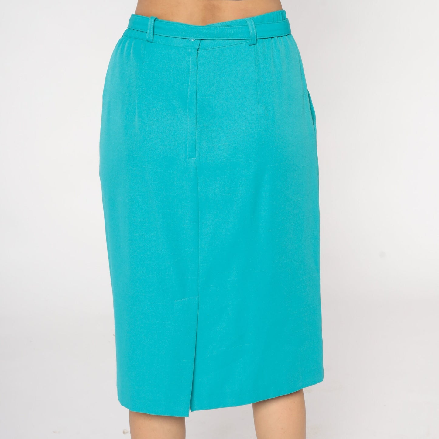 90s Turquoise Pleated Pencil Skirt High Waist Knee Length Belt Medium