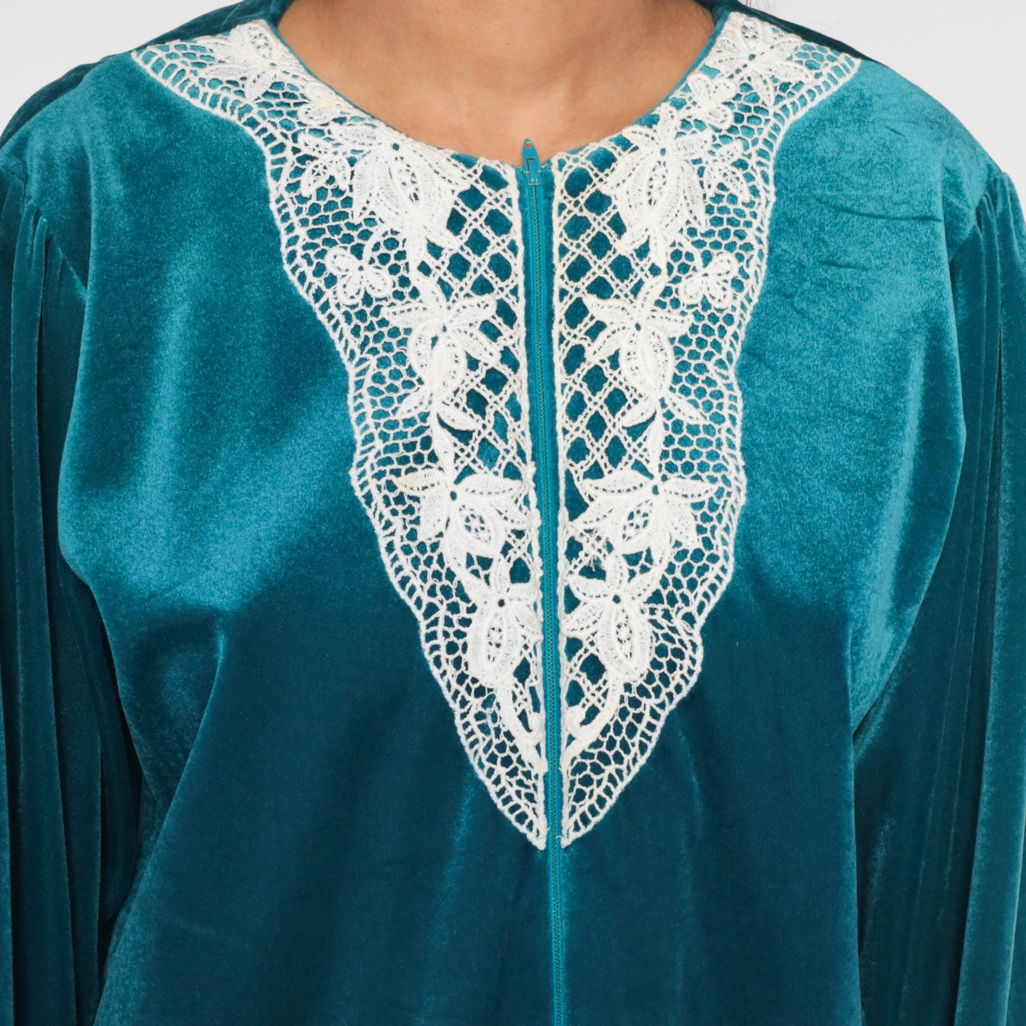 80s Teal Velour Mini Lounge Dress Floral Lace Bib Long Sleeve Zip Front Large L