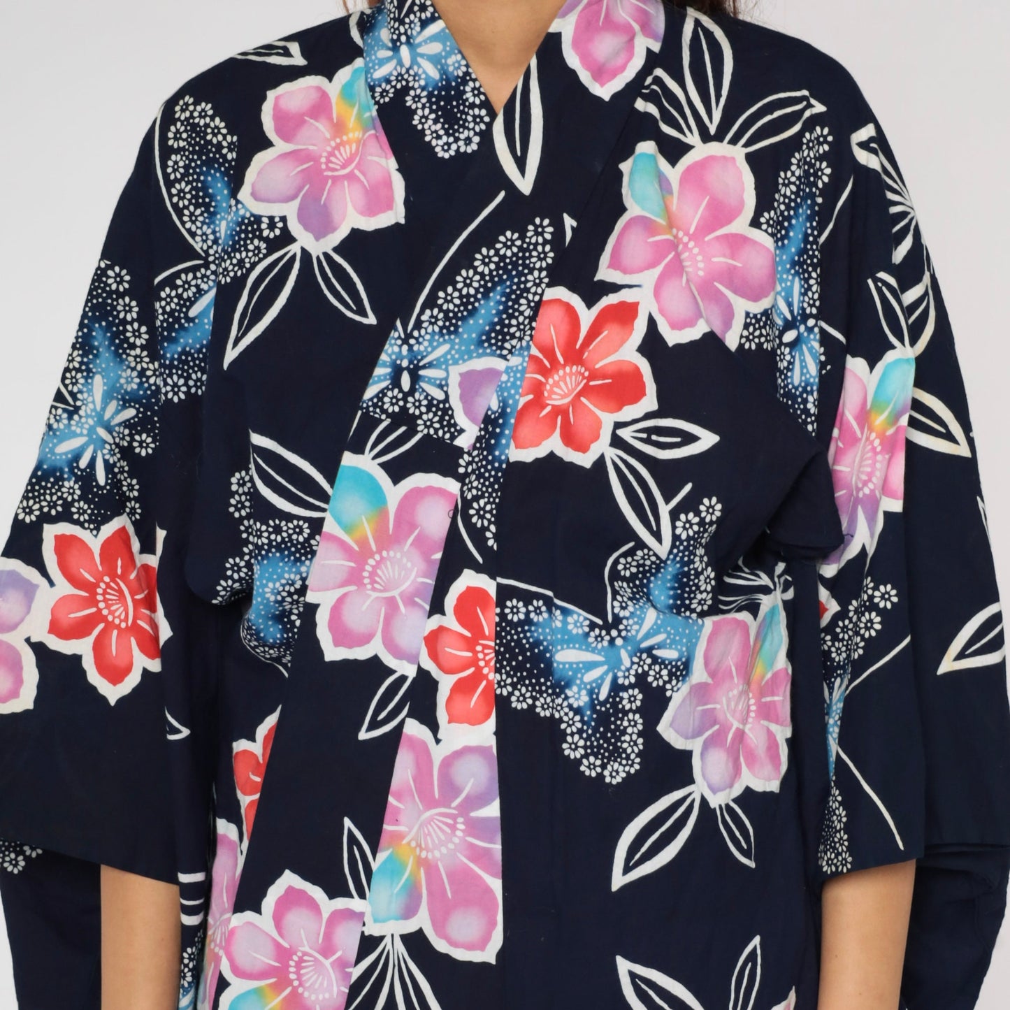 Y2K Navy Floral Butterfly Kimono Robe Maxi Cotton Open Front Medium