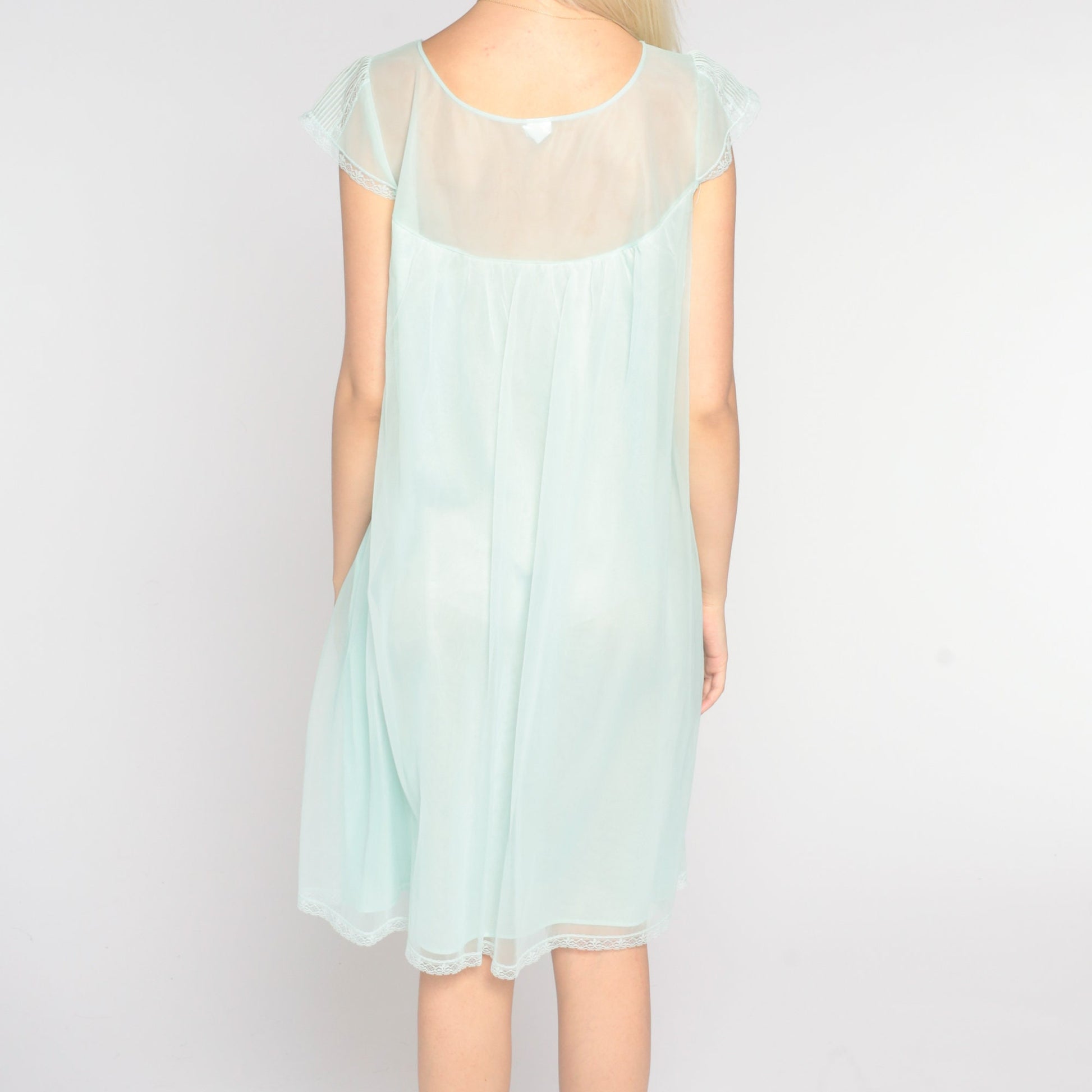 70s Mint Nylon Nightgown Lace Trim Mini Babydoll Slip Dress Large