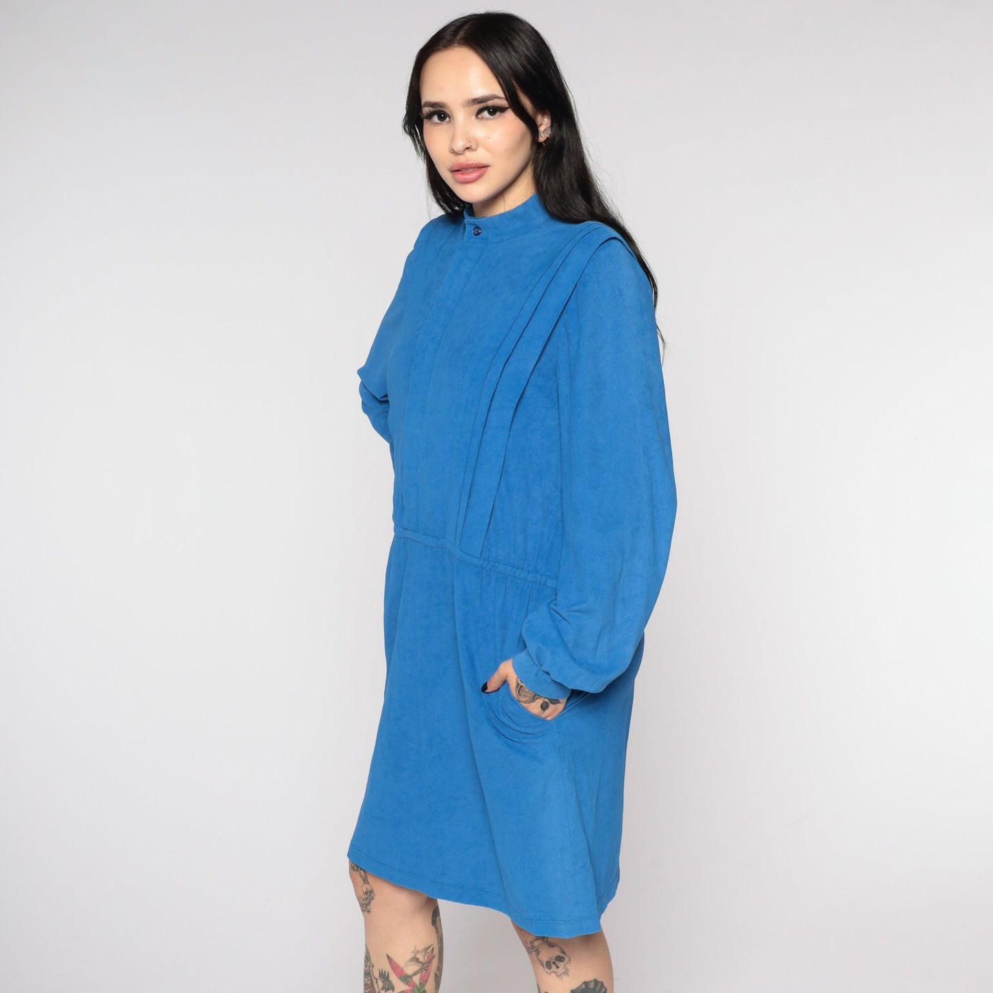1970s Blue Faux Suede Mini Dress Long Sleeve Elastic Waist Medium Large