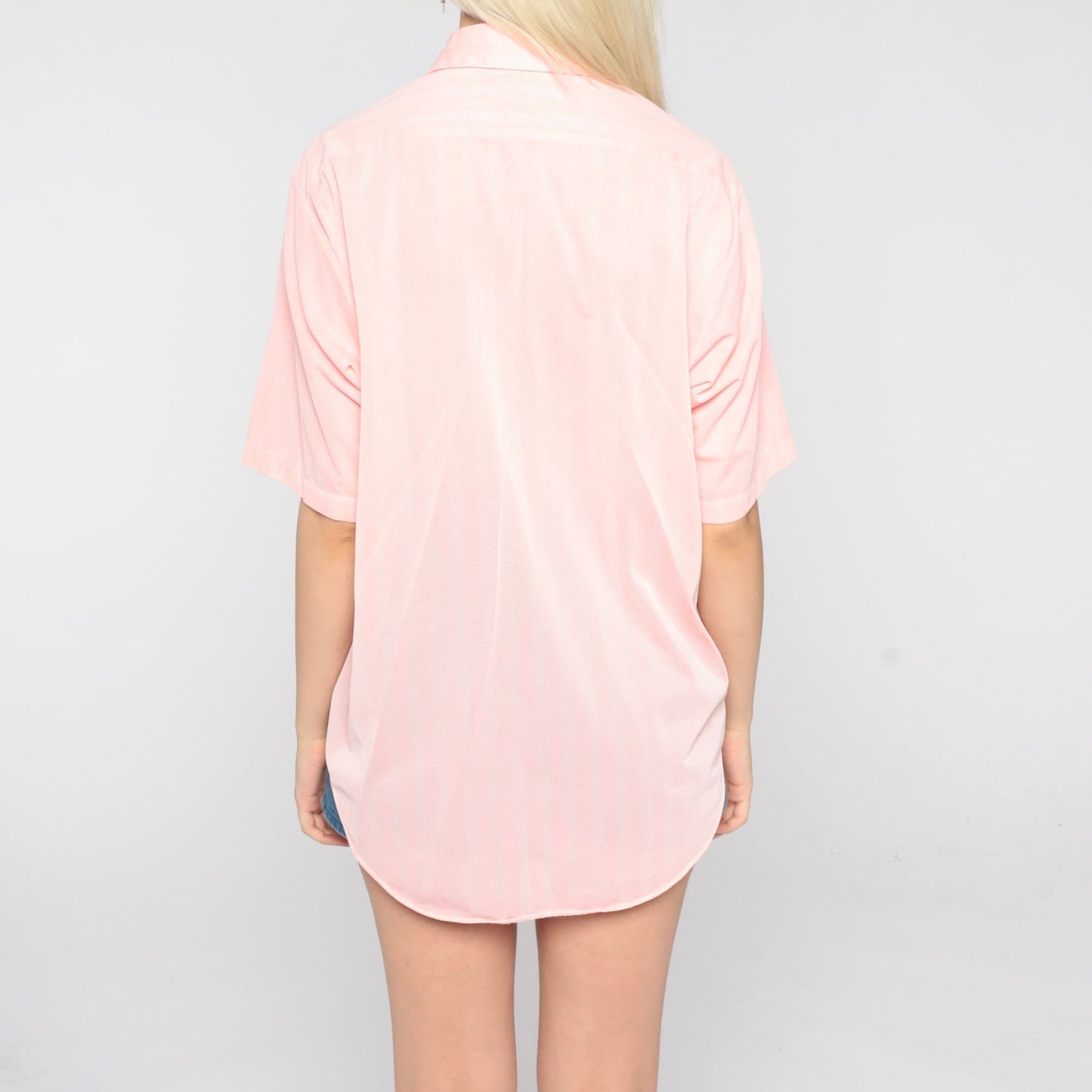 70s Baby Pink Button-Up Shirt Dagger Collar Short Sleeve Men's Large