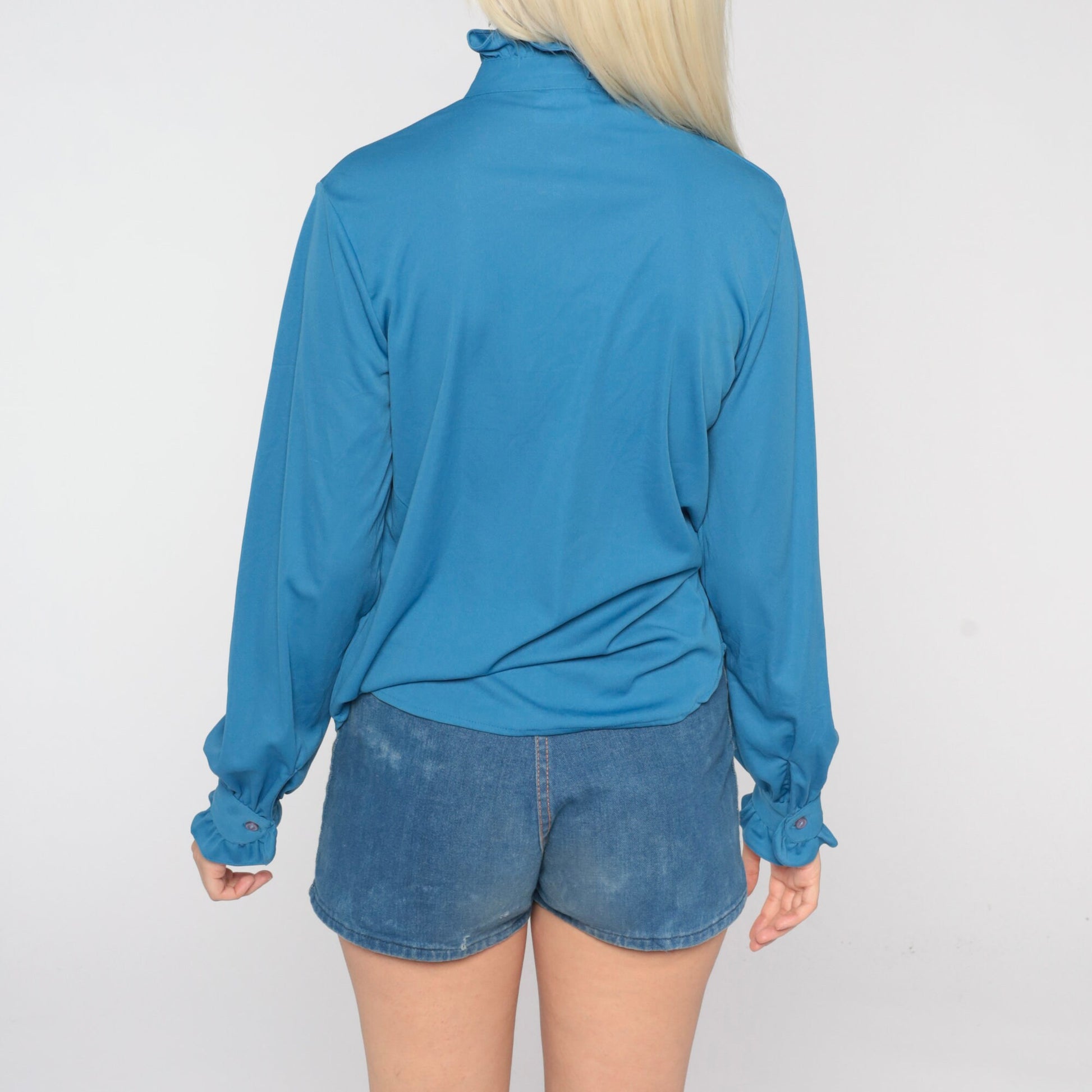 70s Blue Tuxedo Ruffle Blouse High Neck Button Up Long Sleeve Small