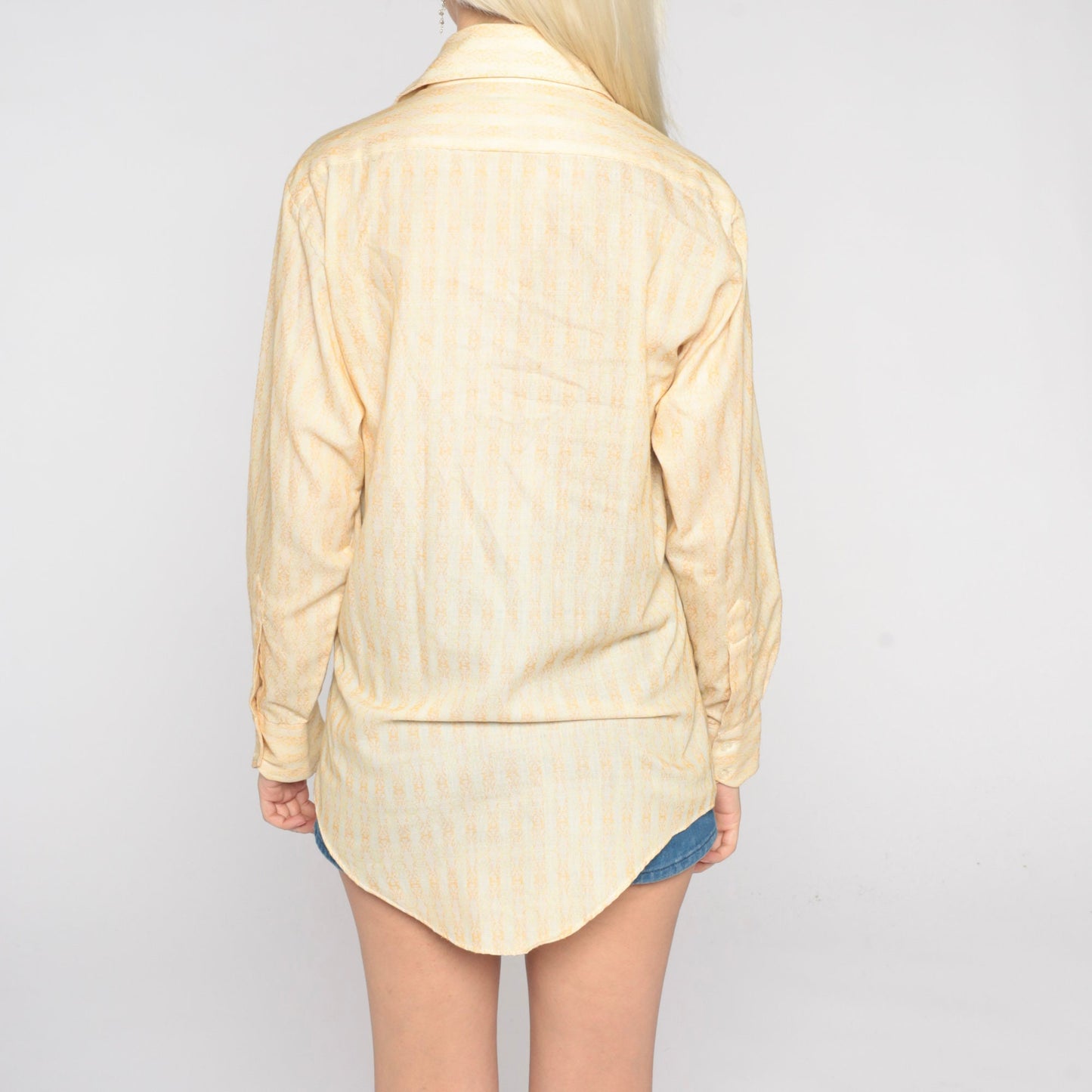 70s Yellow Geometric Striped Button-Up Shirt Pointed Collar Long Sleeve Medium