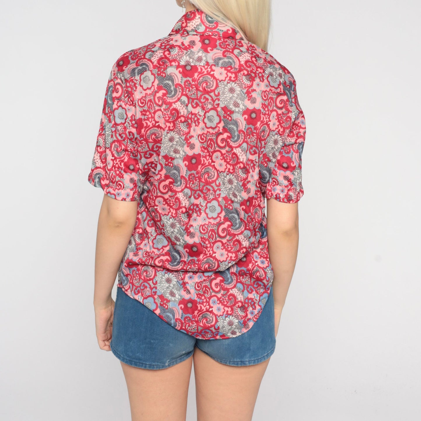 70s Psychedelic Floral Button-Up Shirt Pink Red Paisley Flower Print Medium