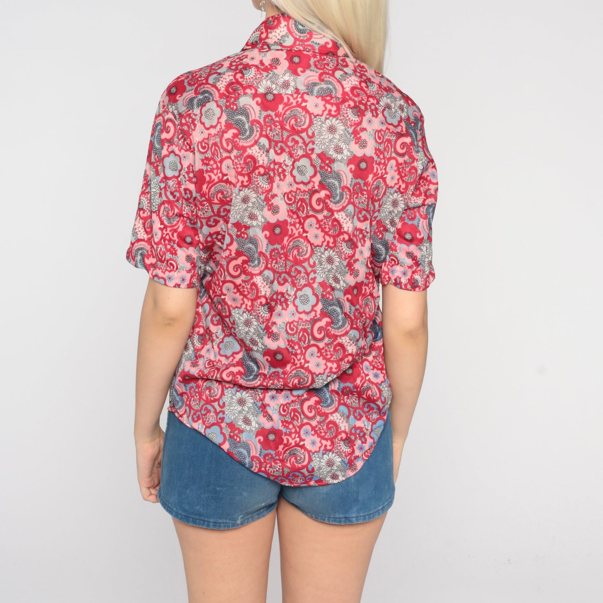 70s Psychedelic Floral Button-Up Shirt Pink Red Paisley Flower Print Medium