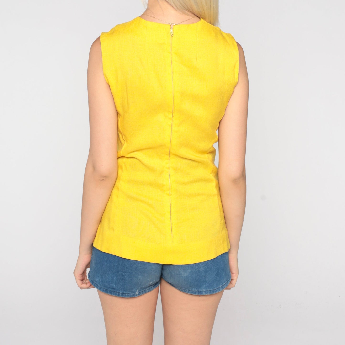 60s Yellow Tank Top V Neck Sleeveless Blouse Small